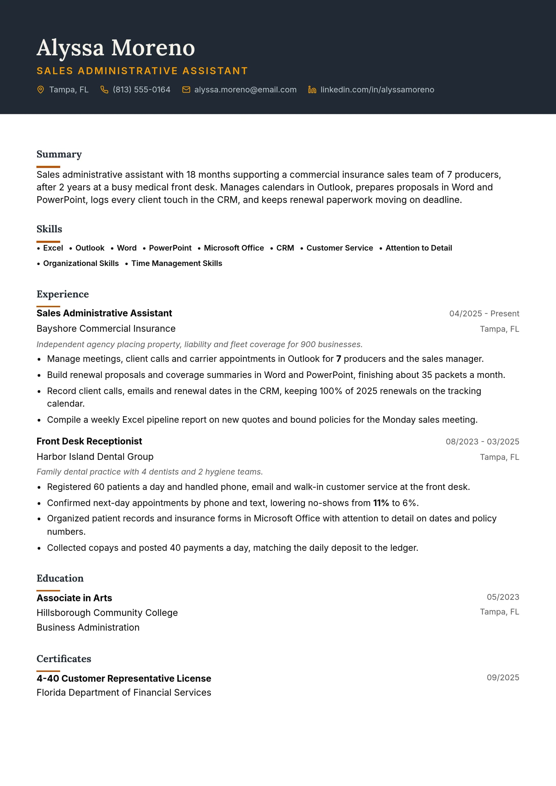 Sales Administrative Assistant resume example