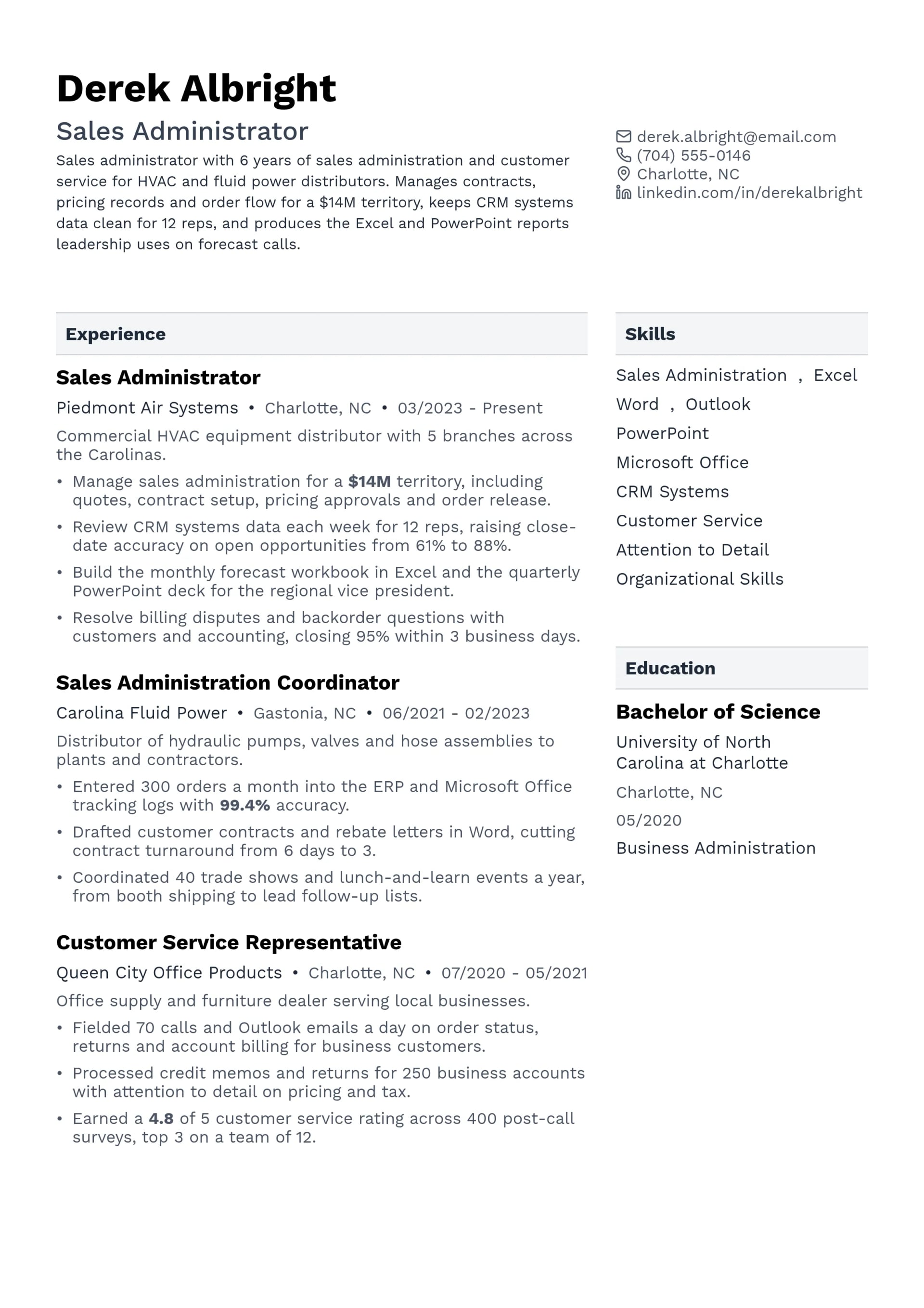 Sales Administrator resume example
