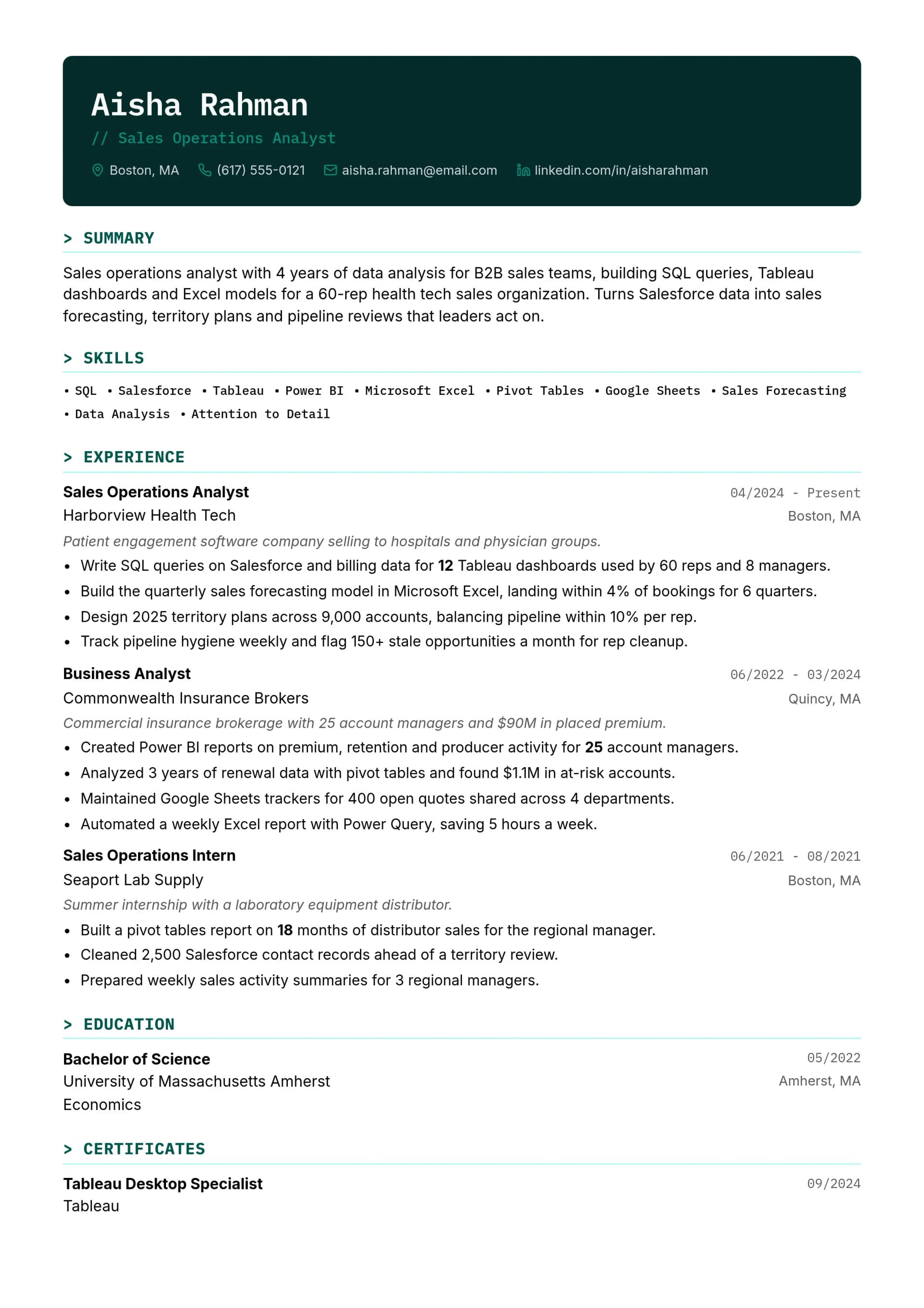 Sales Operations Analyst resume example