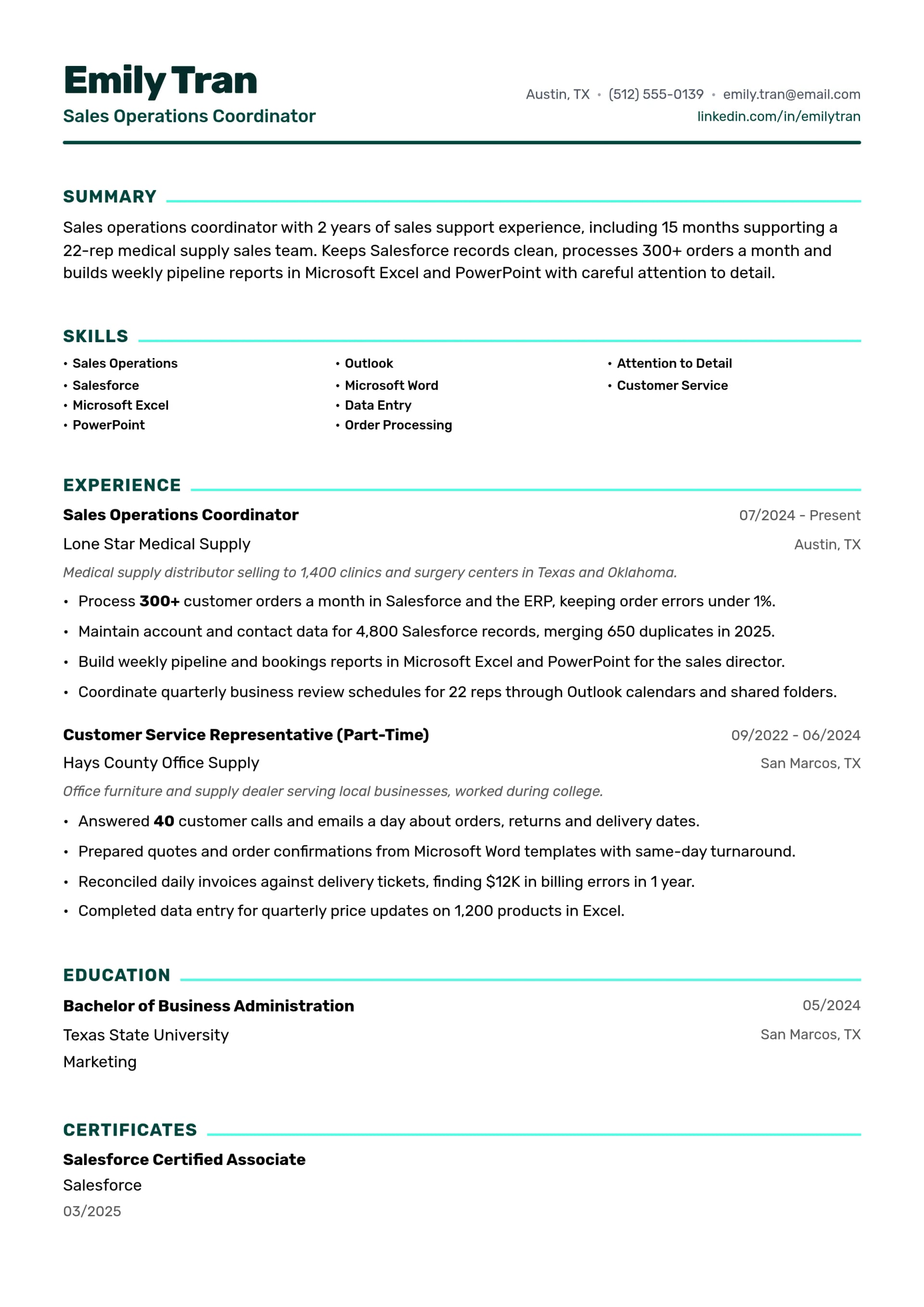 Sales Operations Coordinator resume example