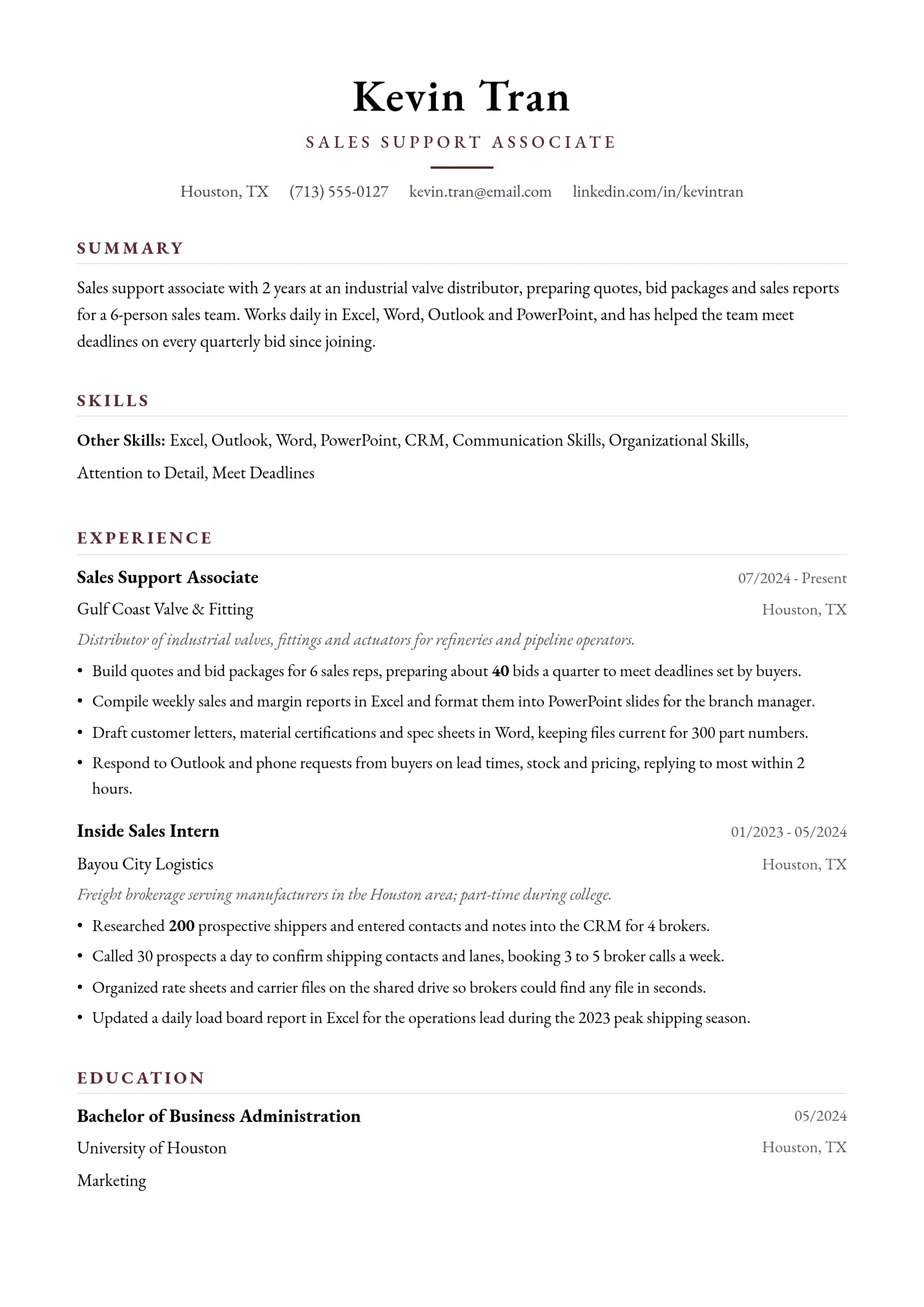 Sales Support Associate resume example
