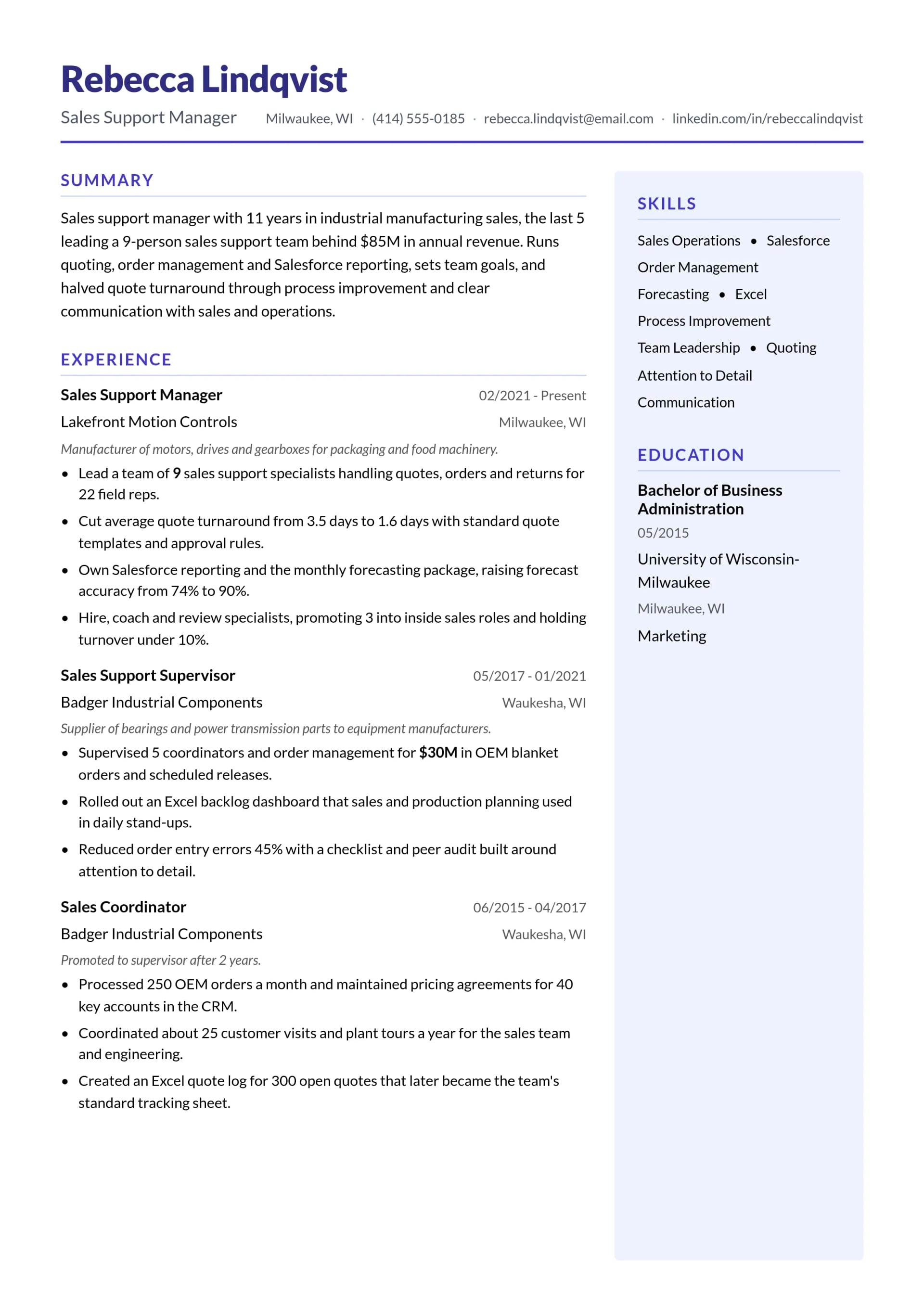 Sales Support Manager resume example