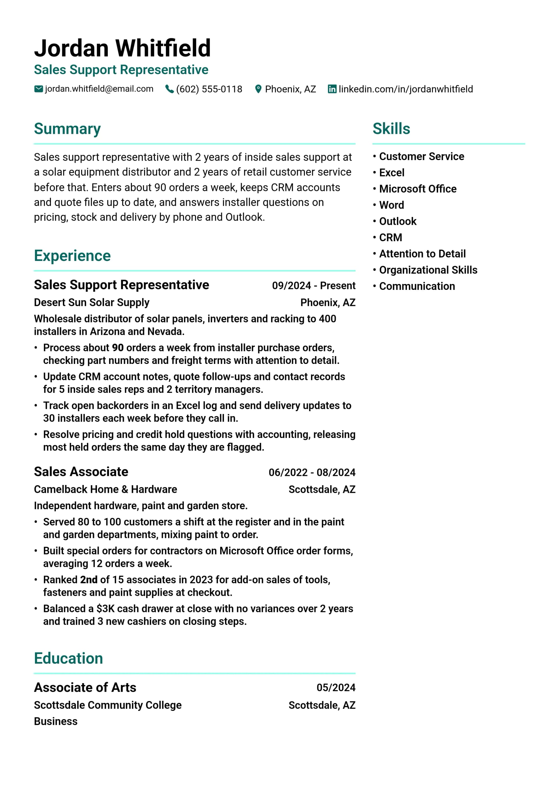 Sales Support Representative resume example