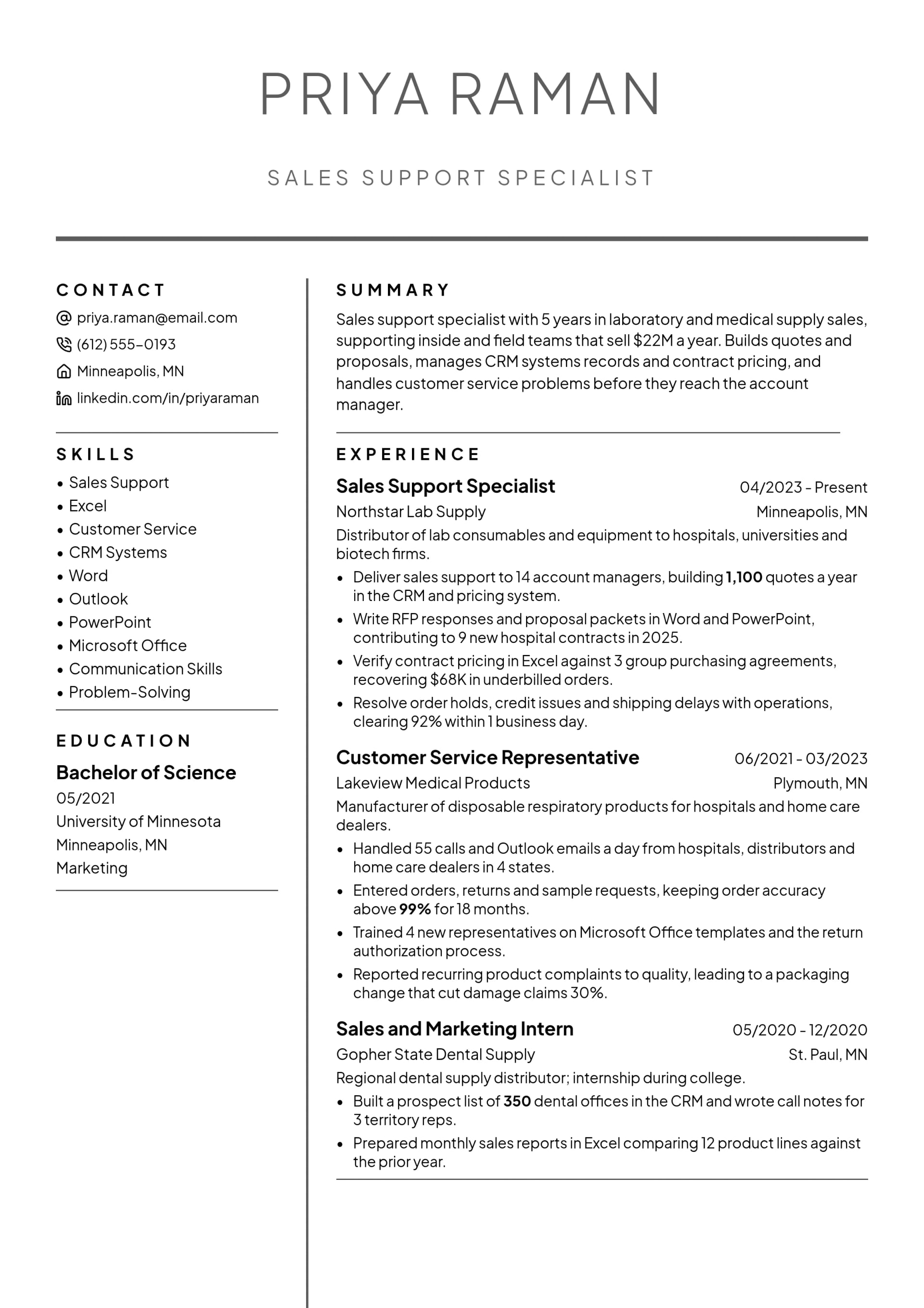 Sales Support Specialist resume example