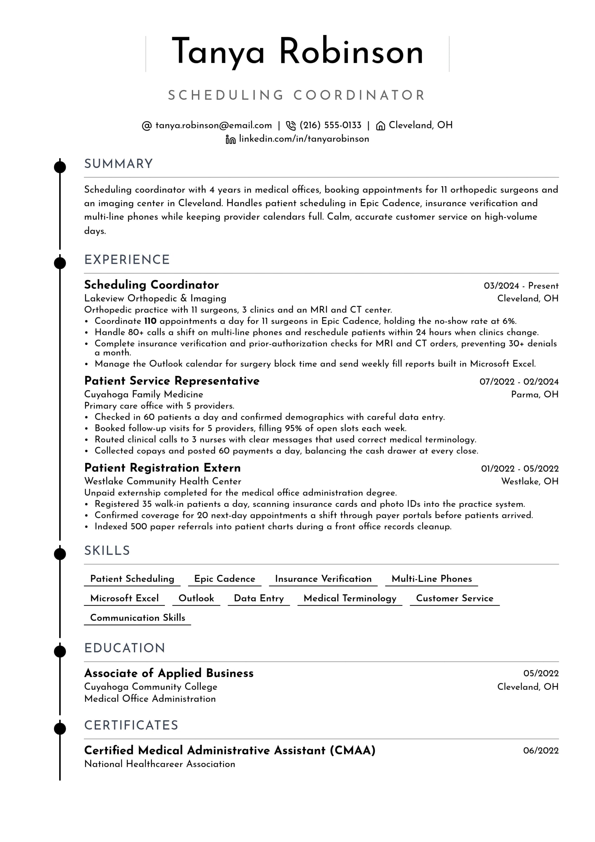 Scheduling Coordinator resume example