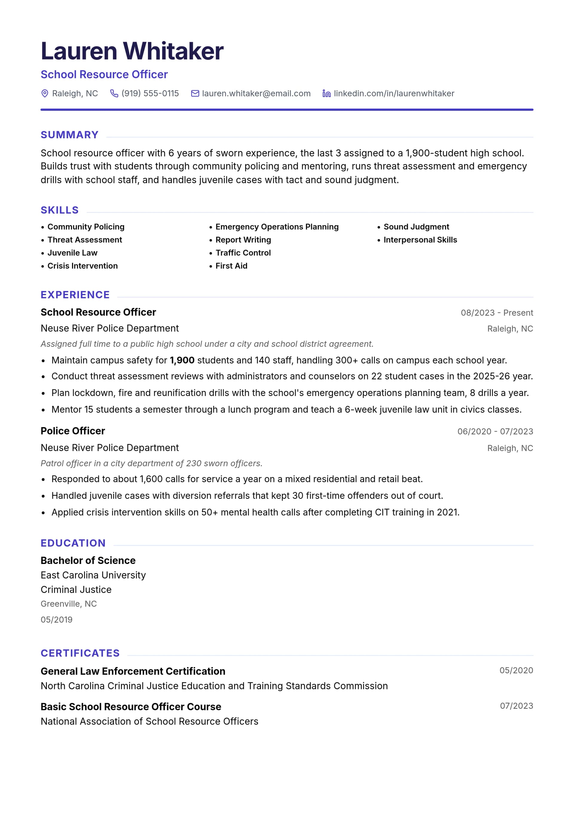 School Resource Officer resume example