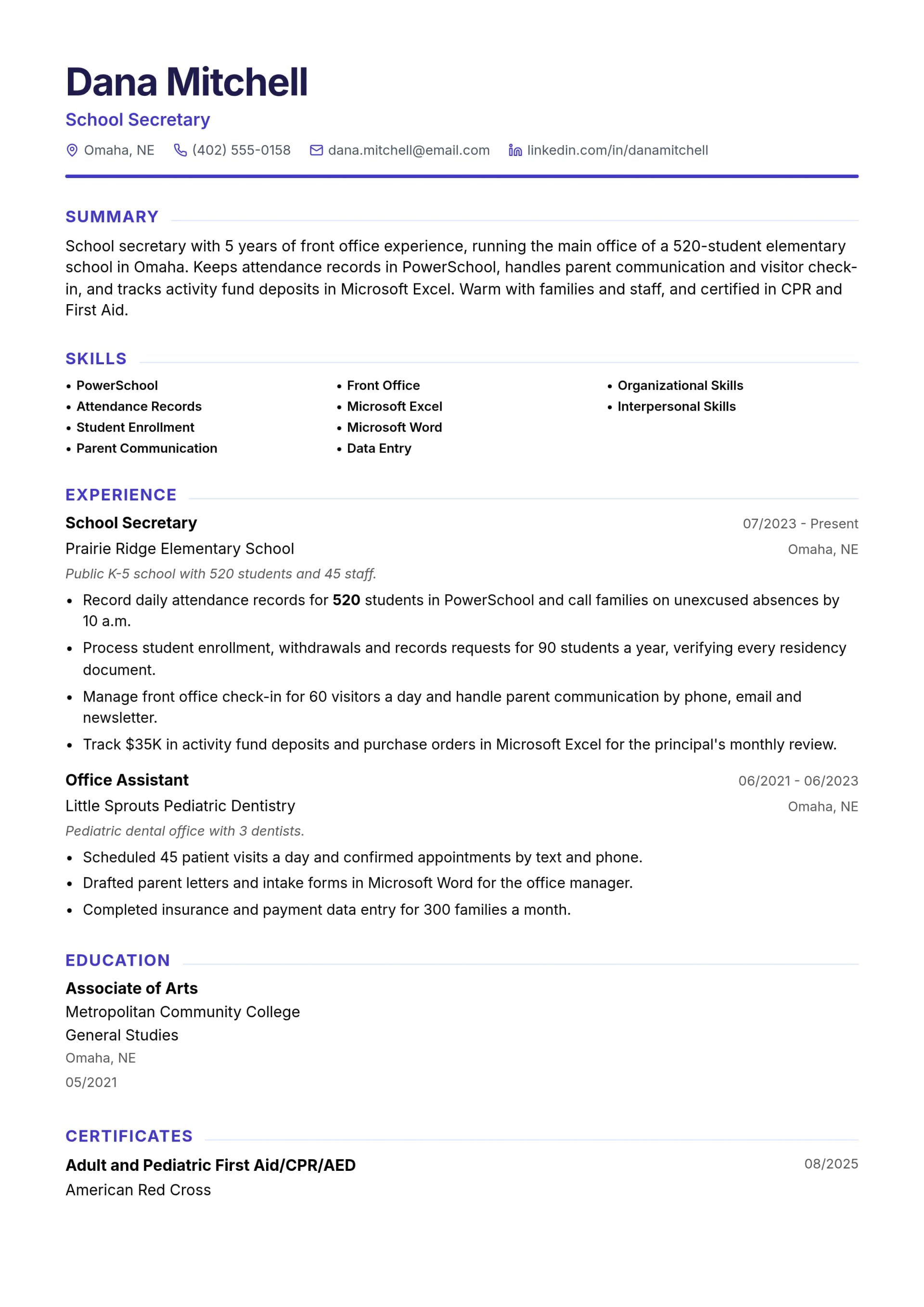 School Secretary resume example