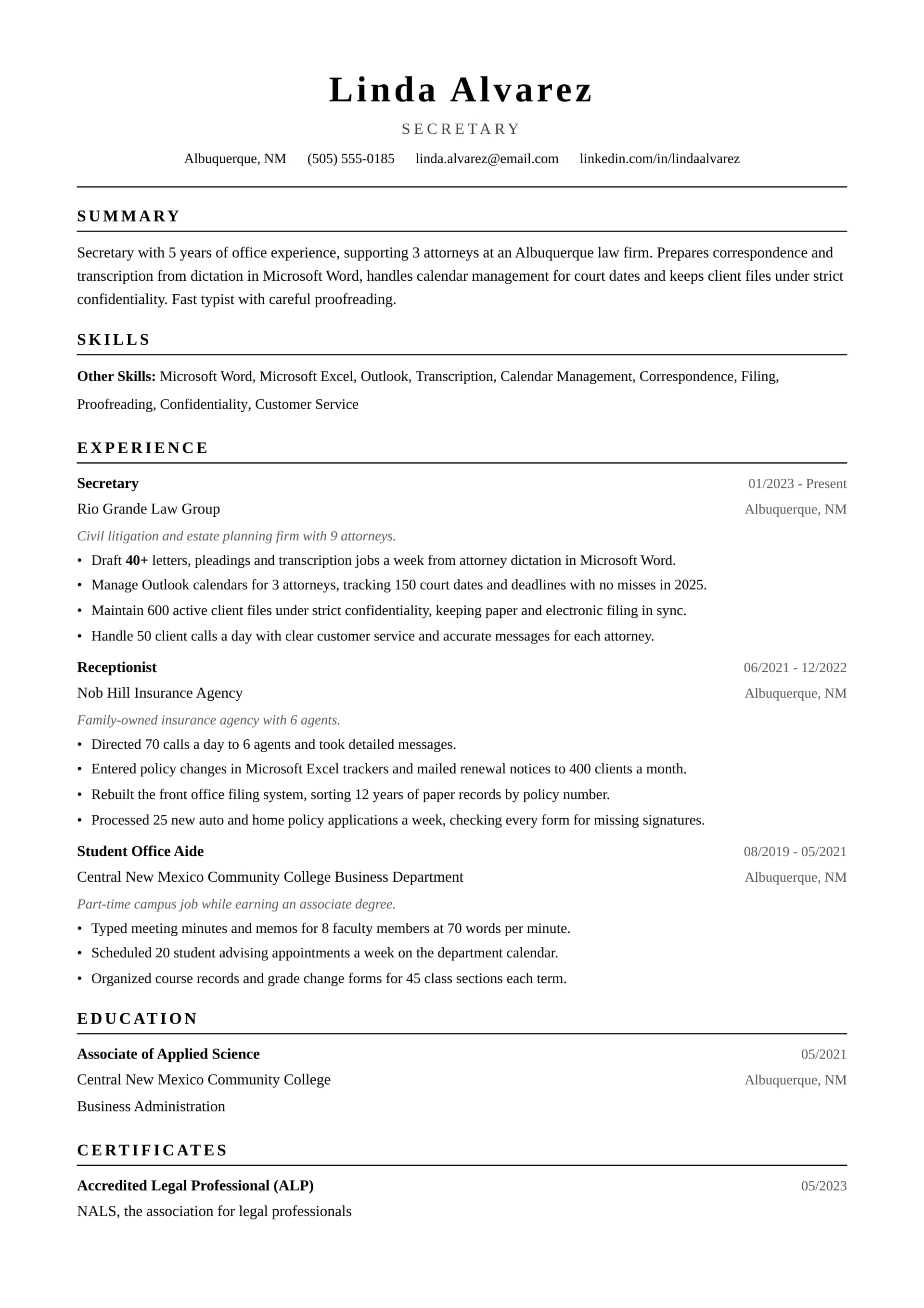Secretary resume example