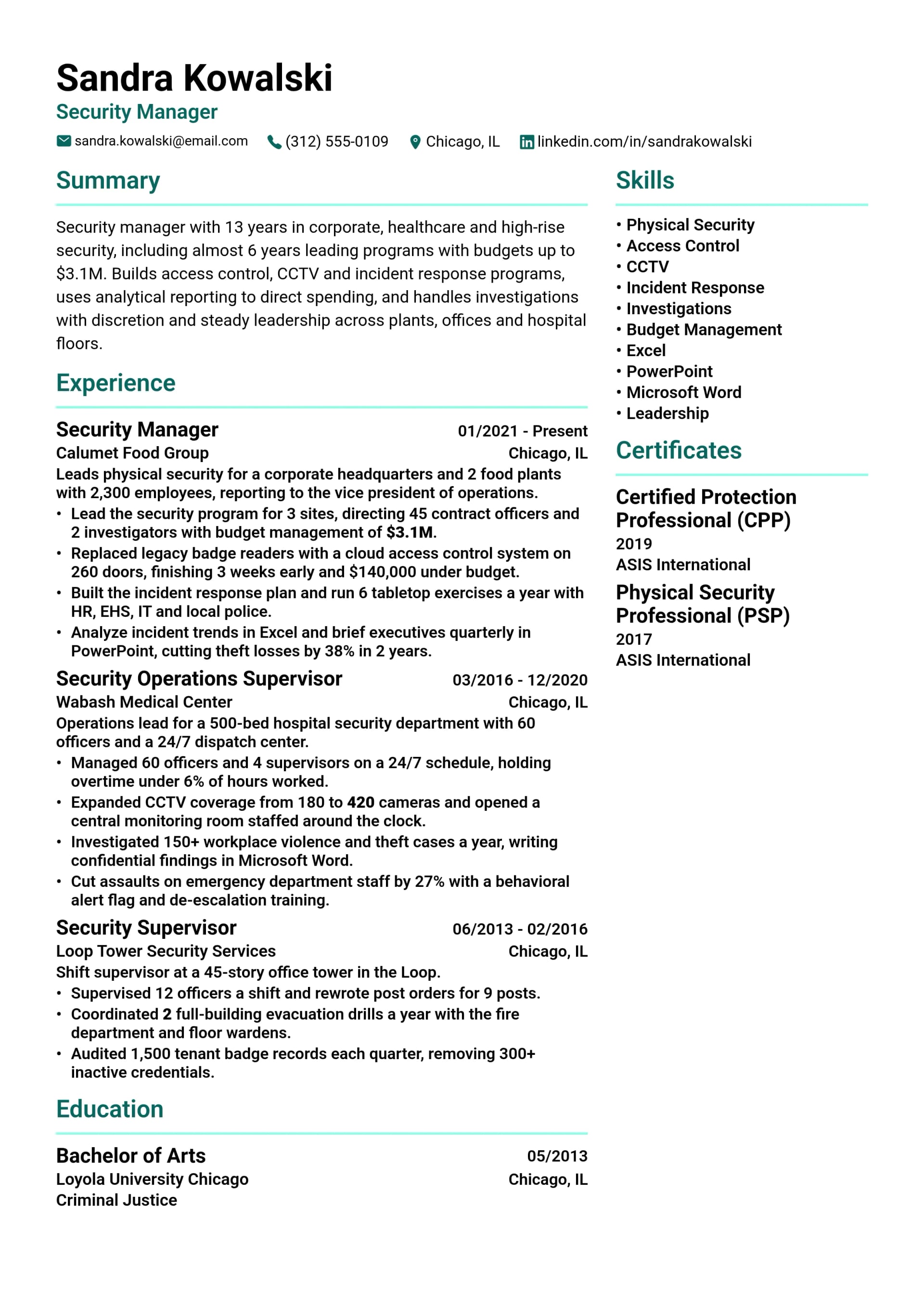 Security Manager resume example