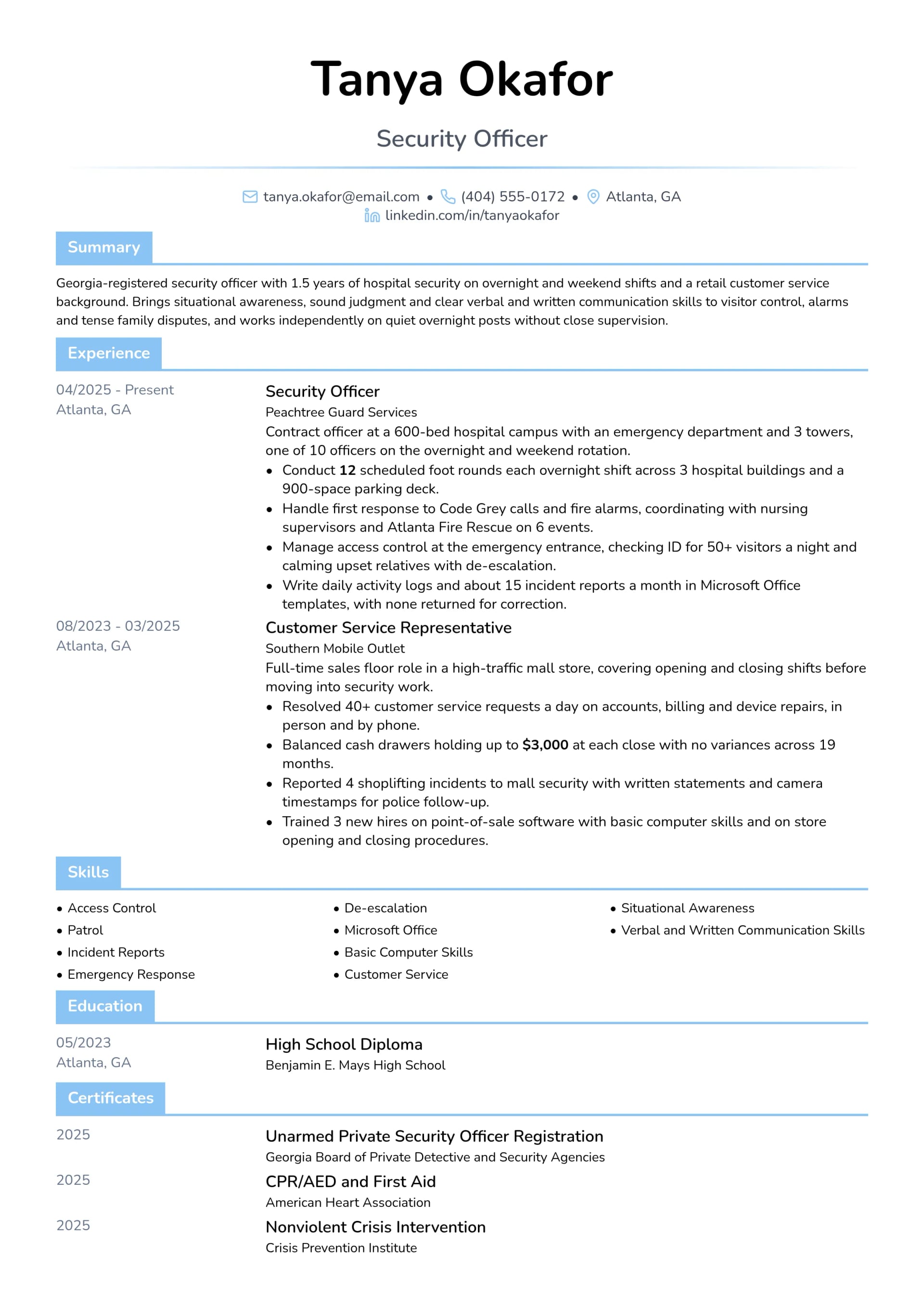 Security Officer resume example