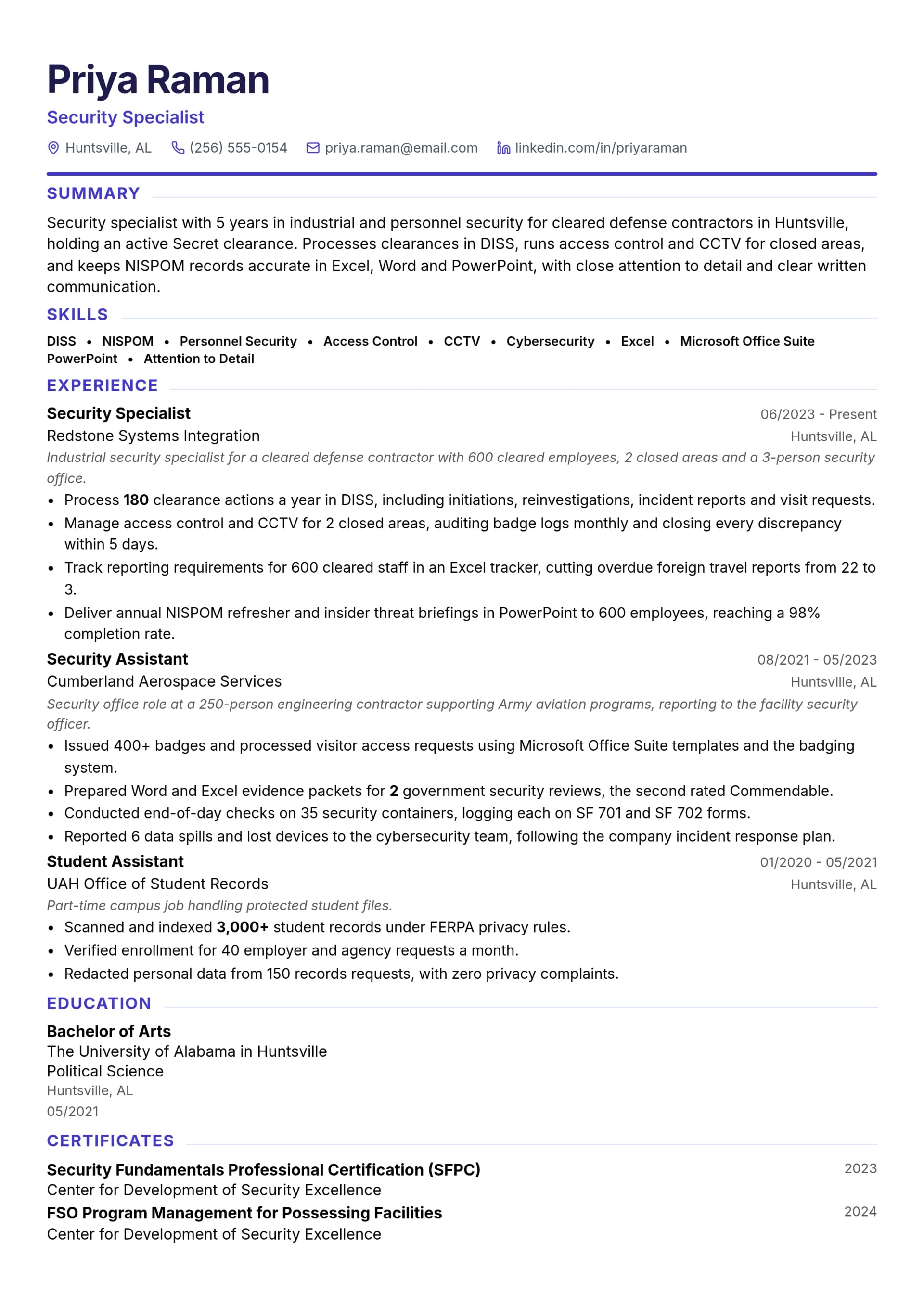 Security Specialist resume example