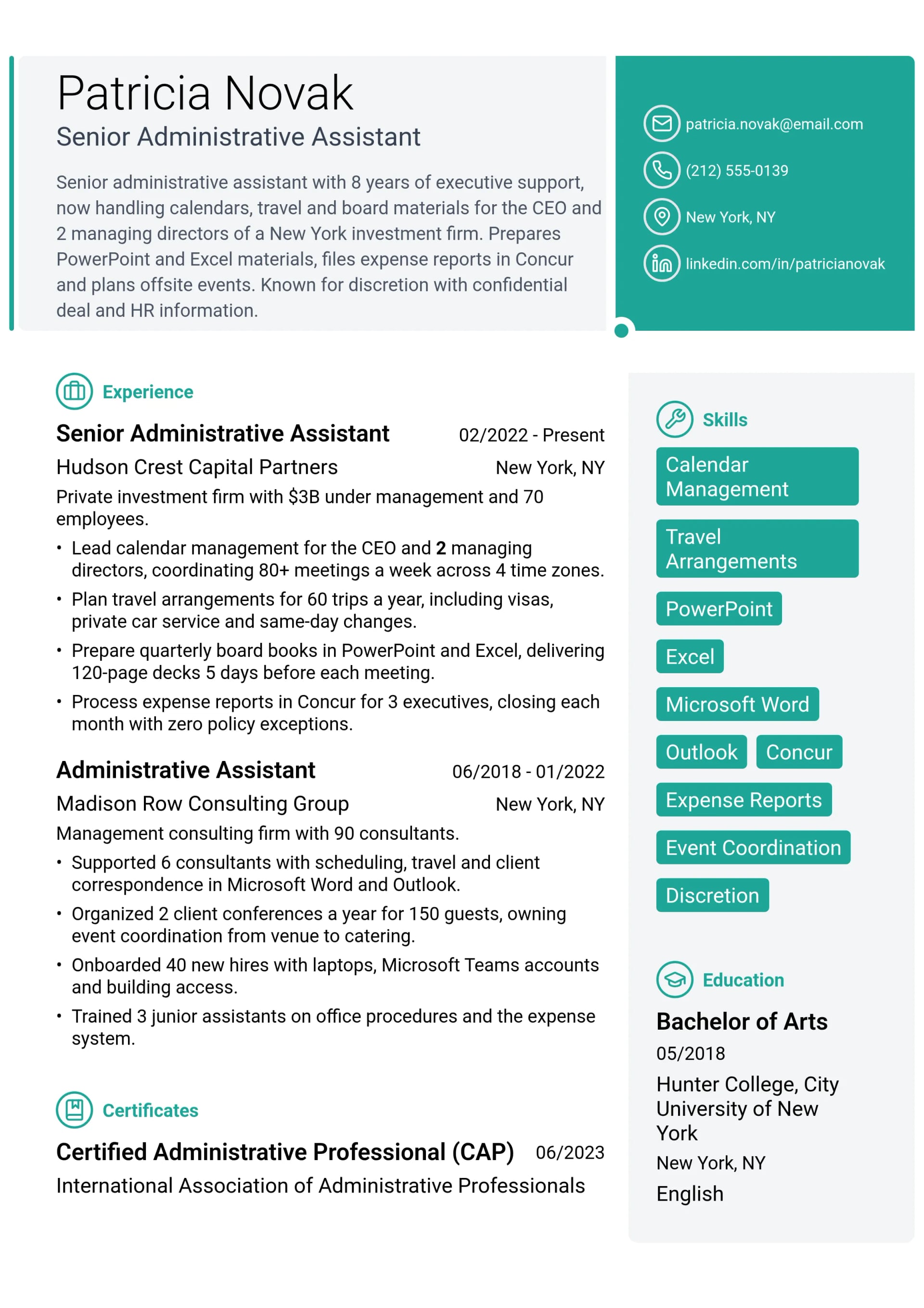 Senior Administrative Assistant resume example