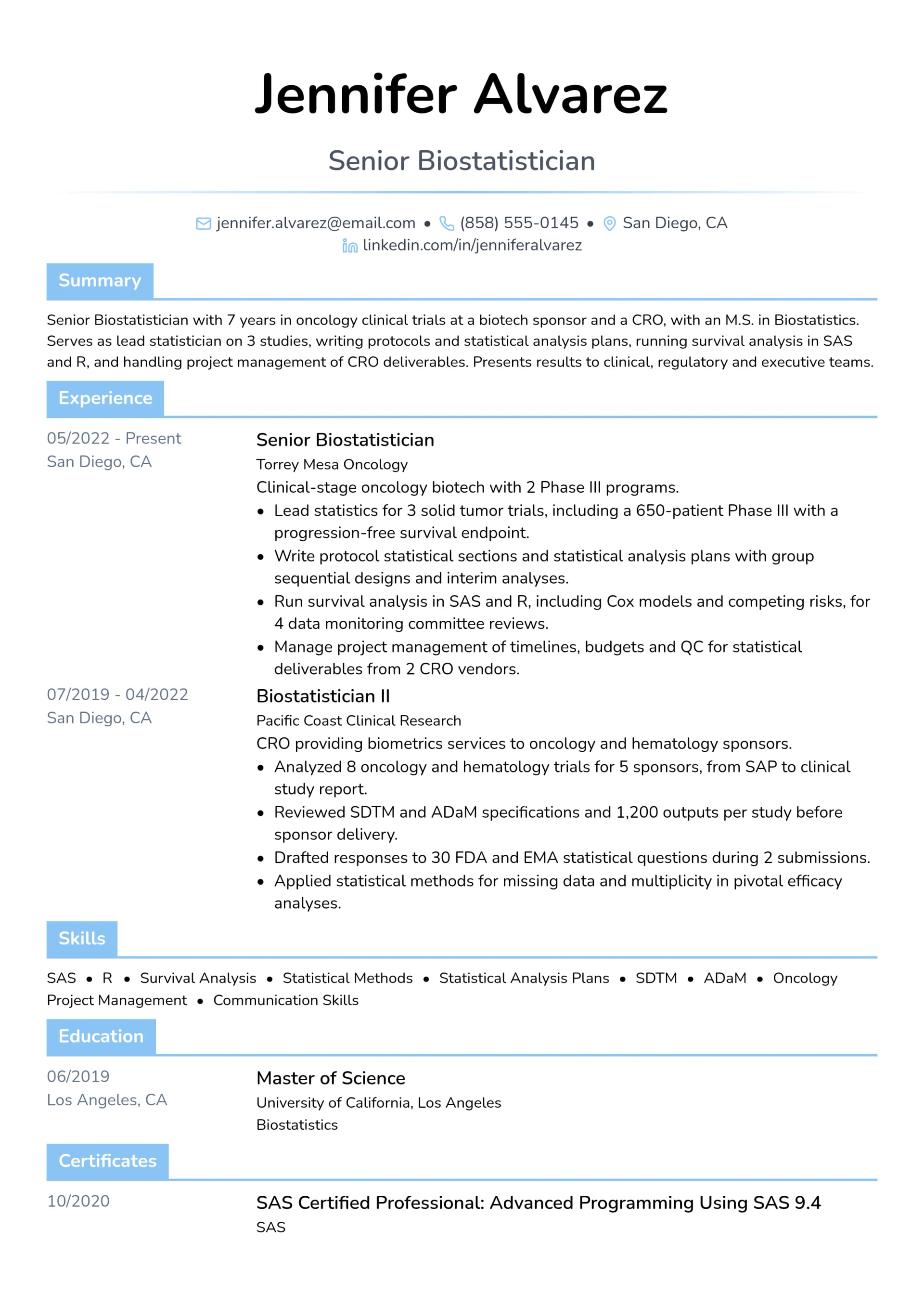 Senior Biostatistician resume example