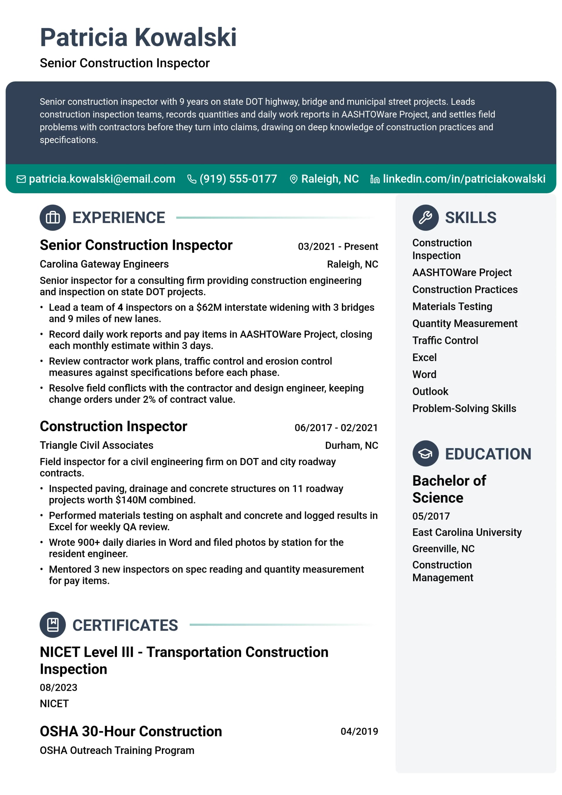Senior Construction Inspector resume example