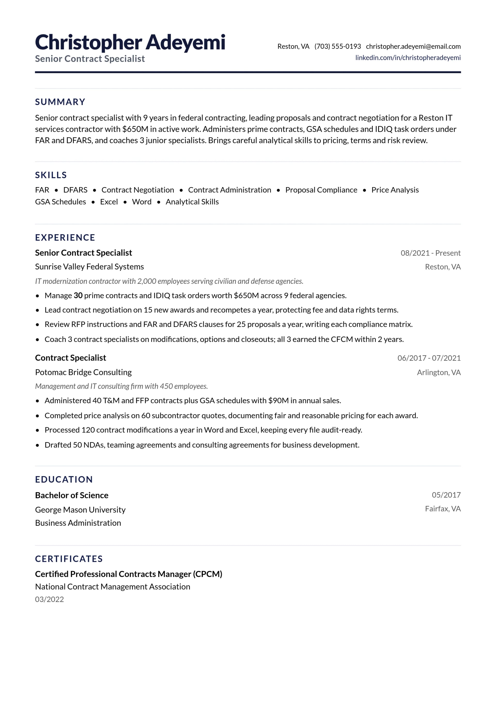 Senior Contract Specialist resume example