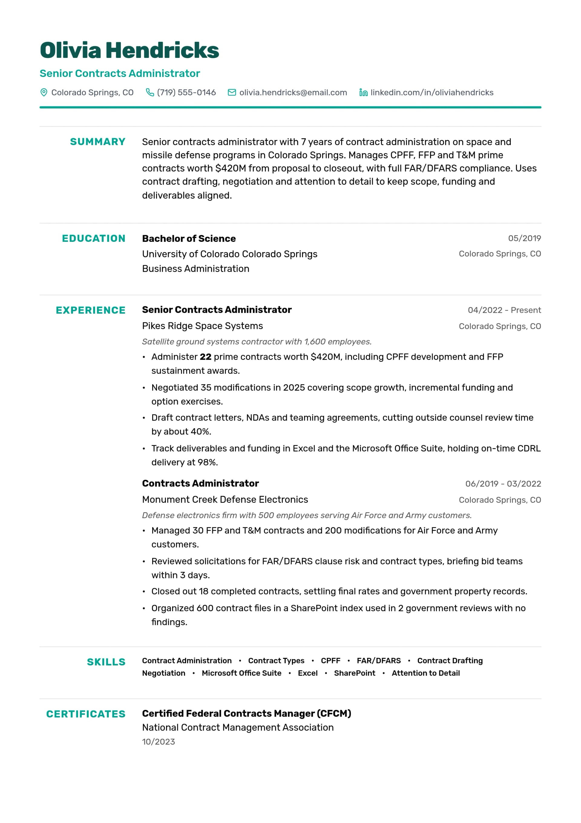 Senior Contracts Administrator resume example