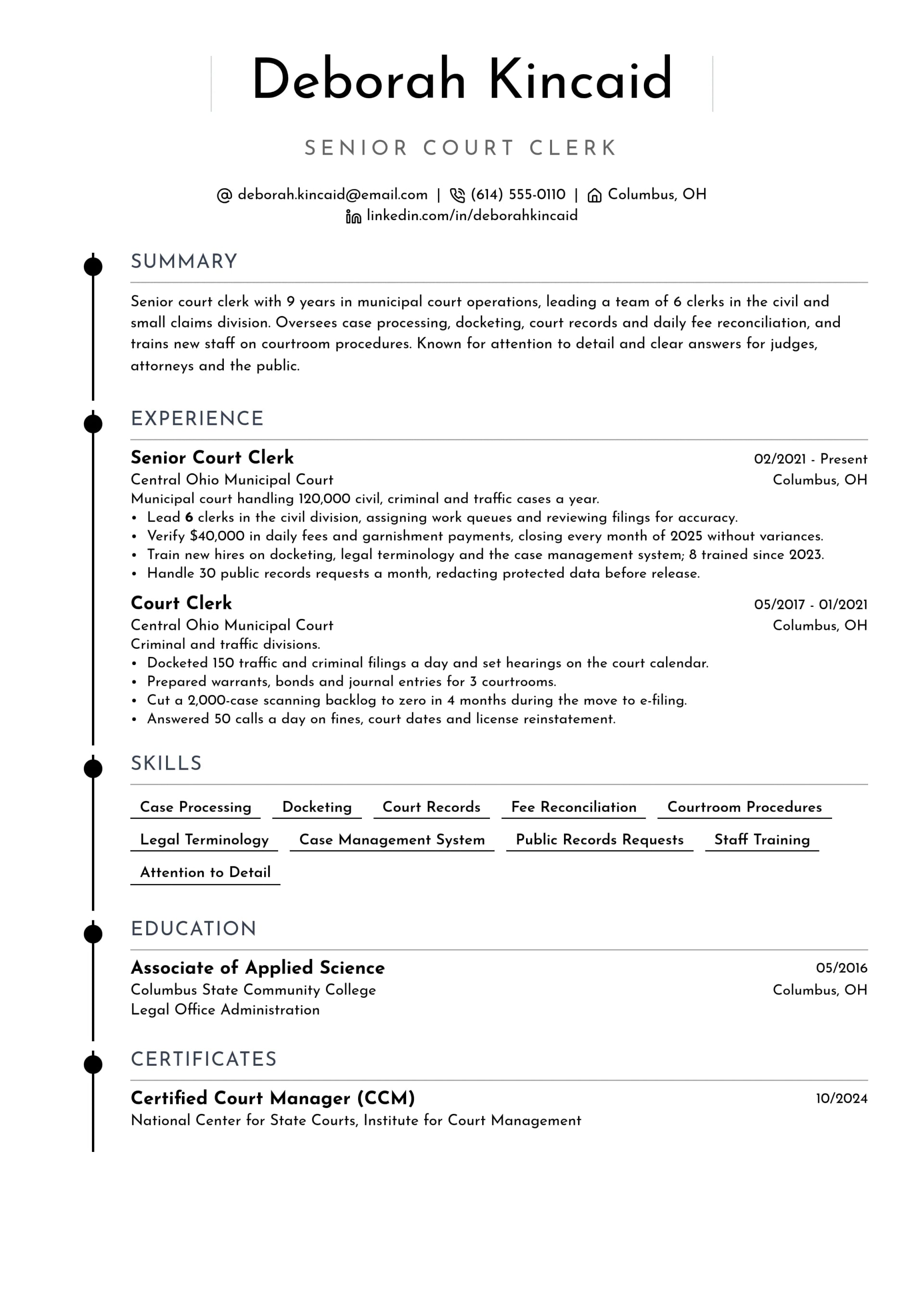 Senior Court Clerk resume example