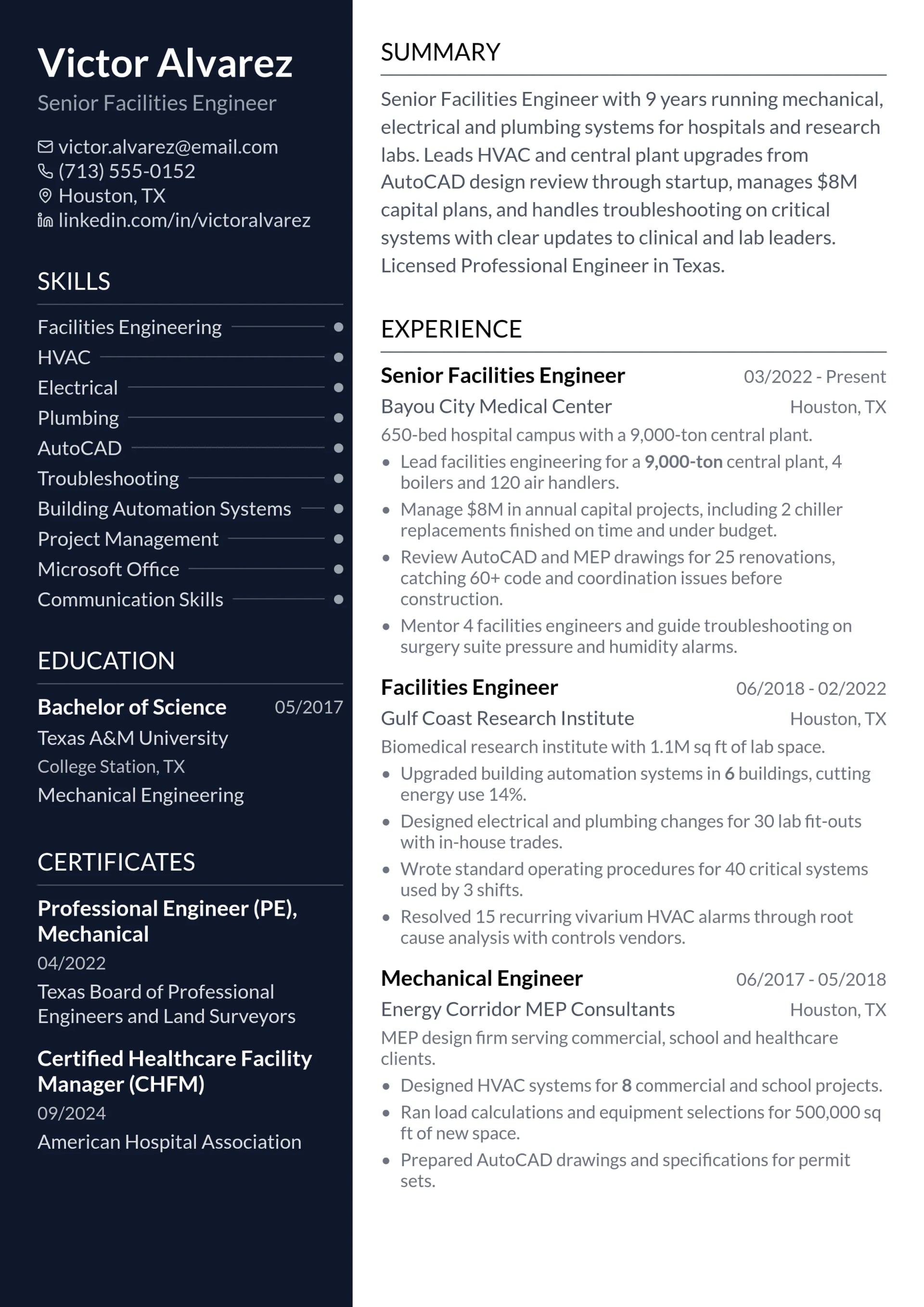 Senior Facilities Engineer resume example