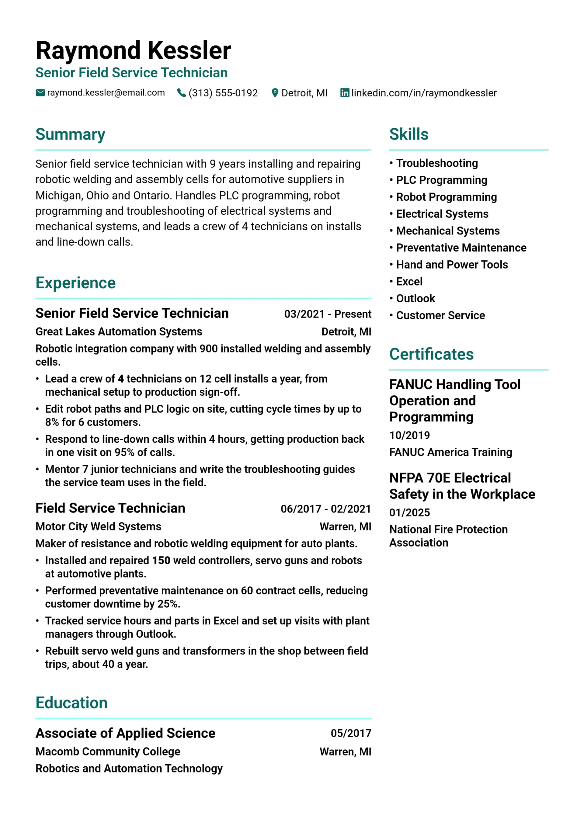 Senior Field Service Technician resume example