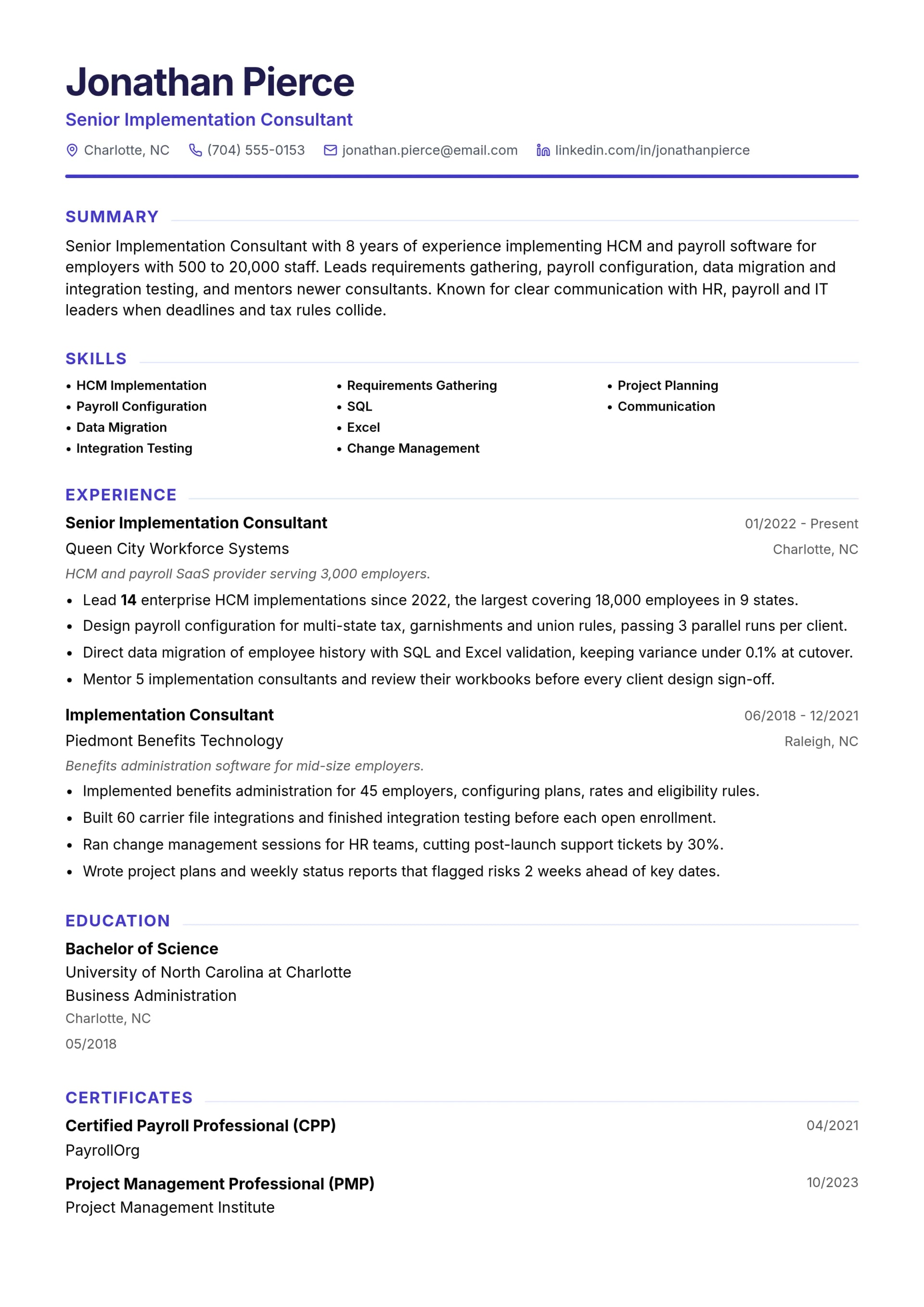 Senior Implementation Consultant resume example
