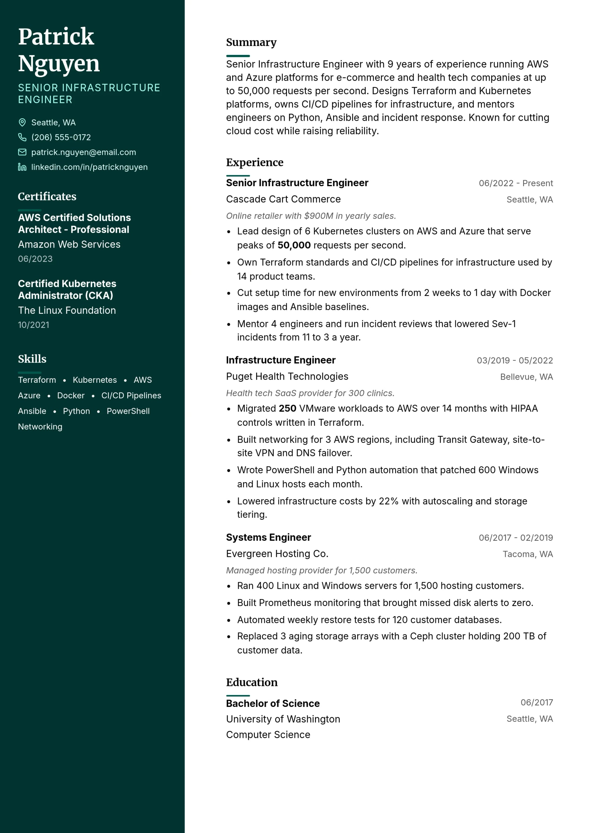 Senior Infrastructure Engineer resume example