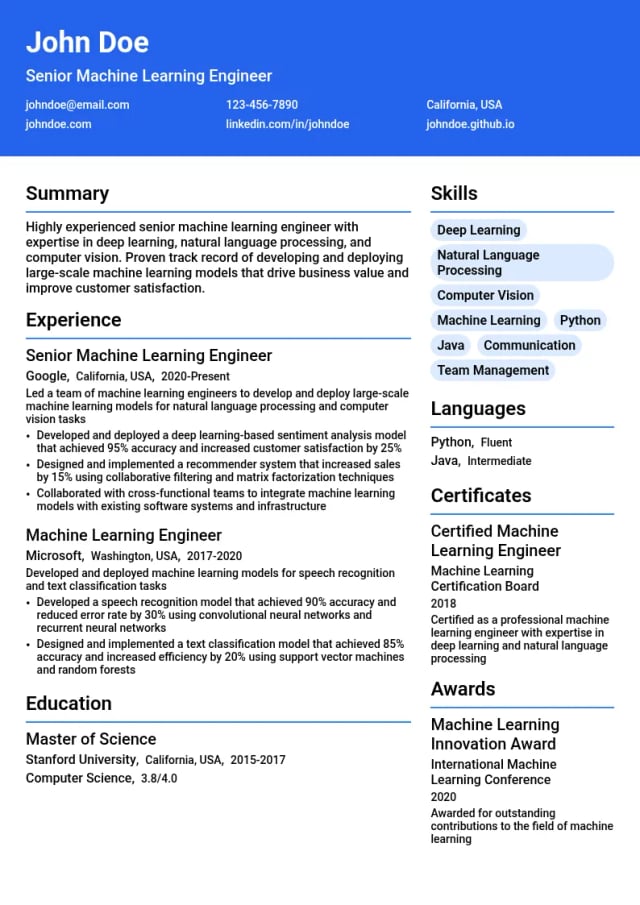 Senior Machine Learning Engineer resume example