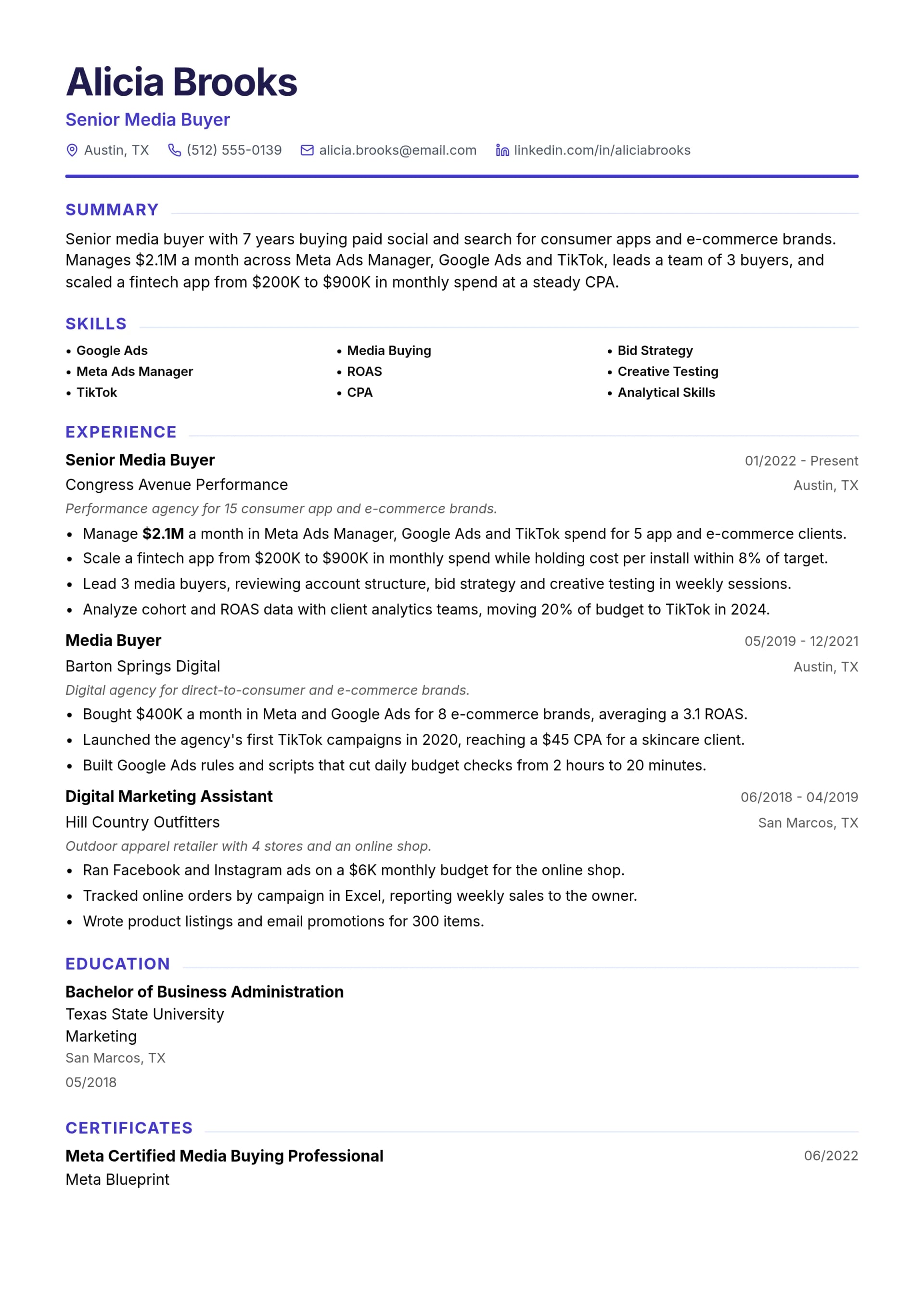 Senior Media Buyer resume example
