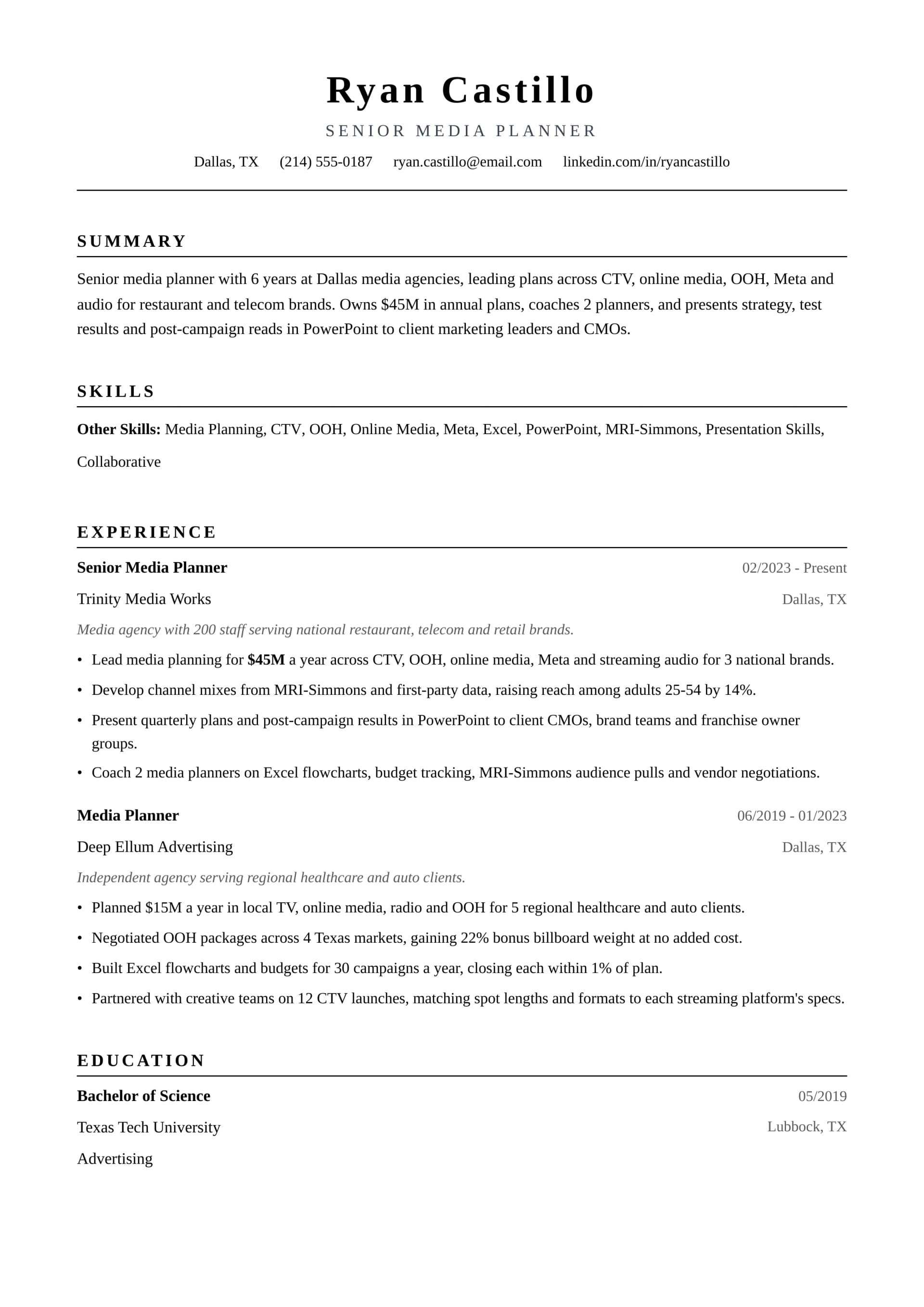 Senior Media Planner resume example