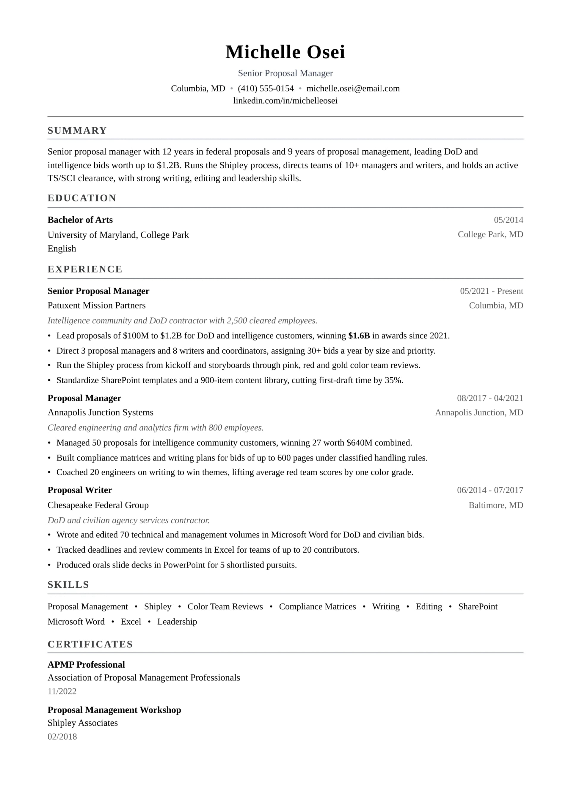 Senior Proposal Manager resume example