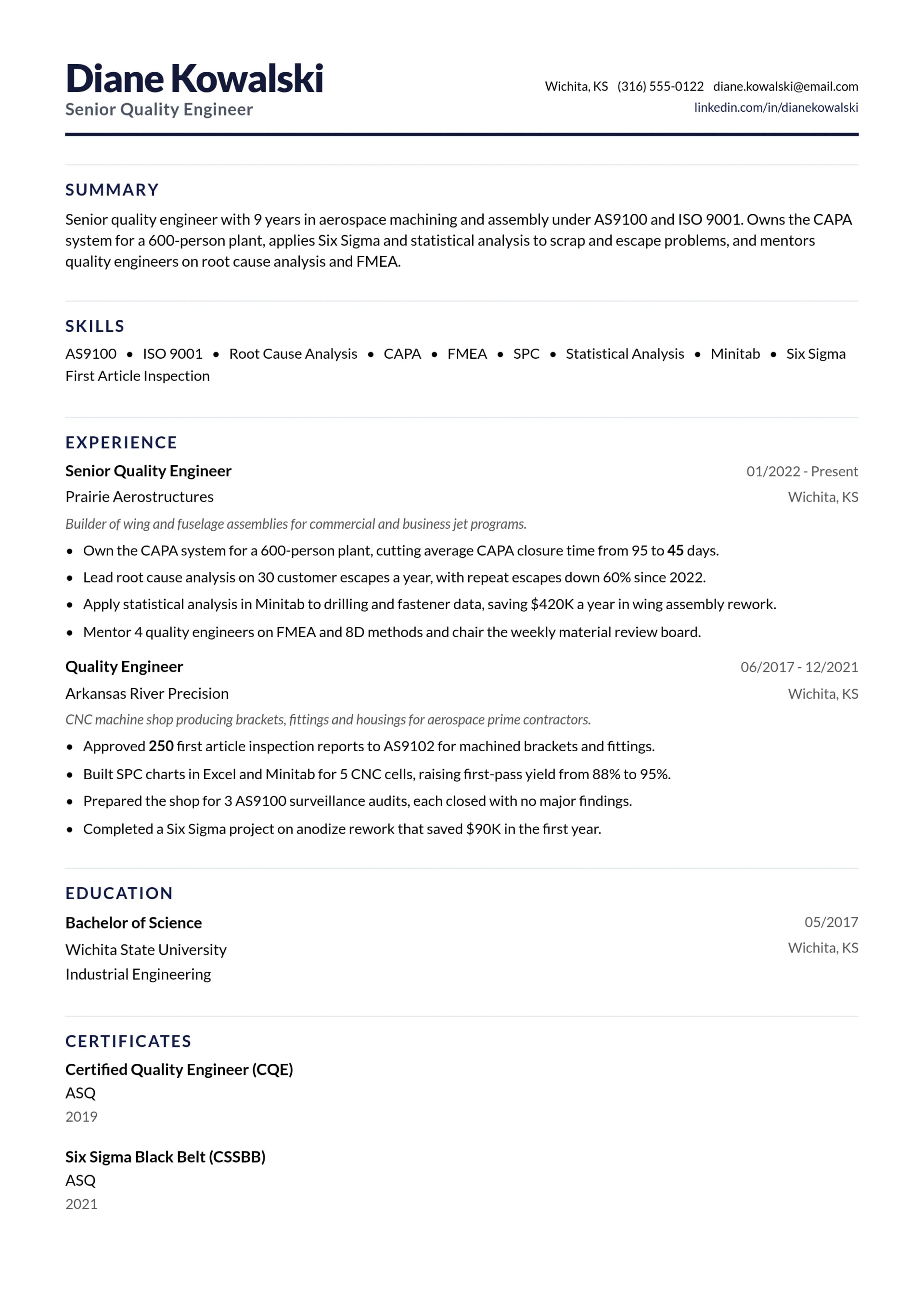 Senior Quality Engineer resume example