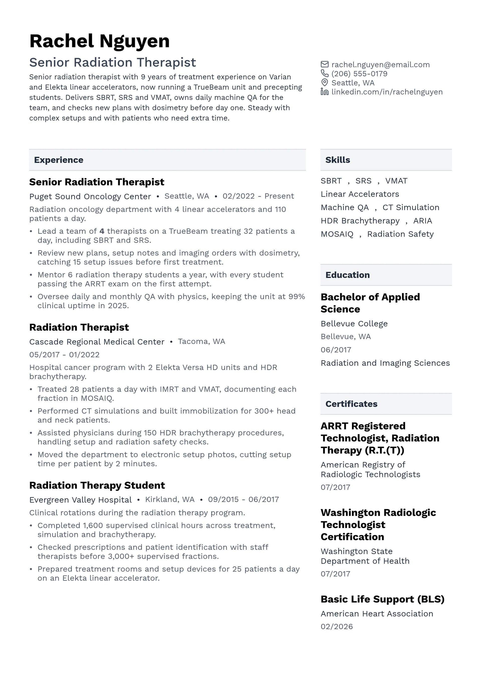 Senior Radiation Therapist resume example