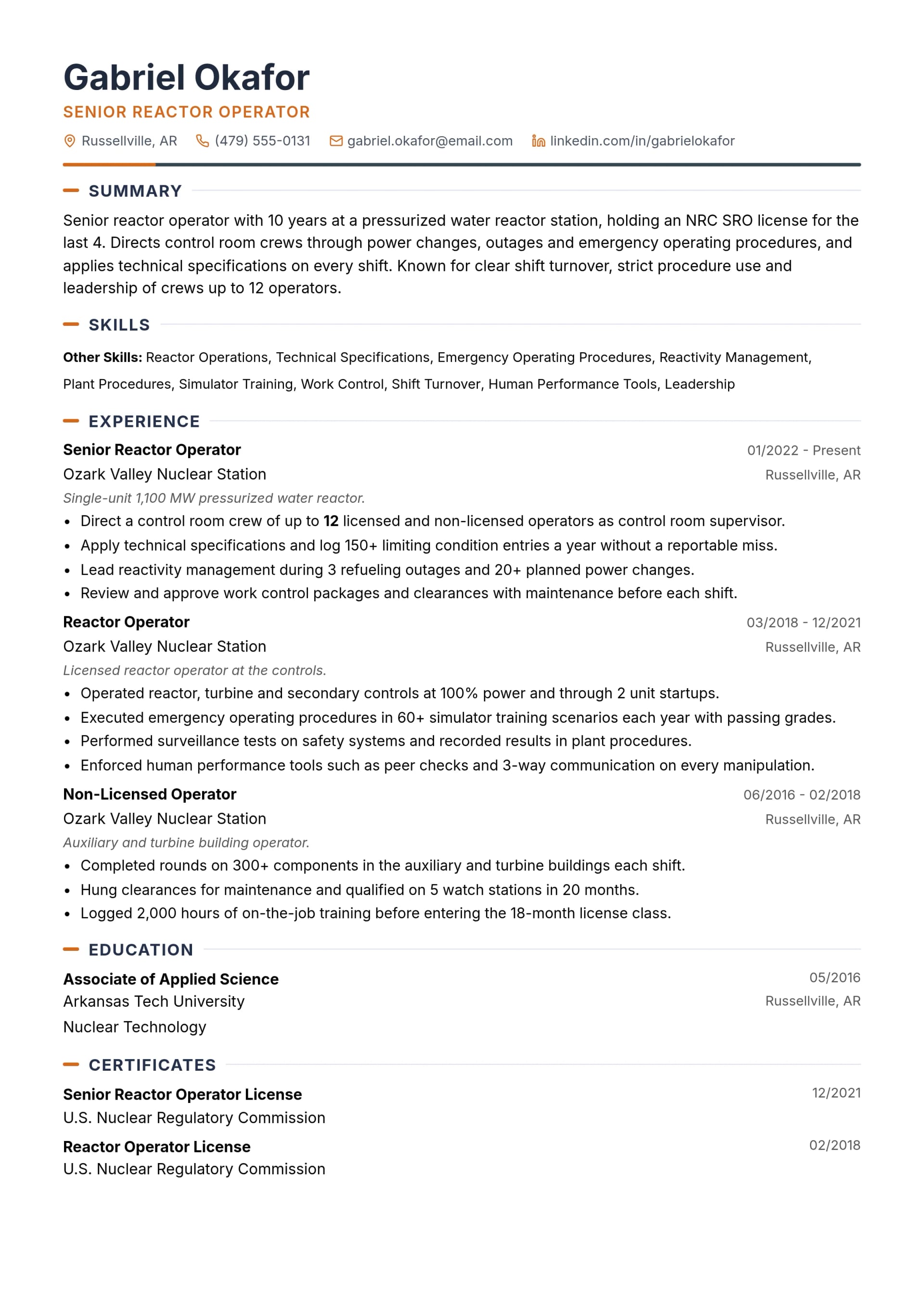 Senior Reactor Operator resume example