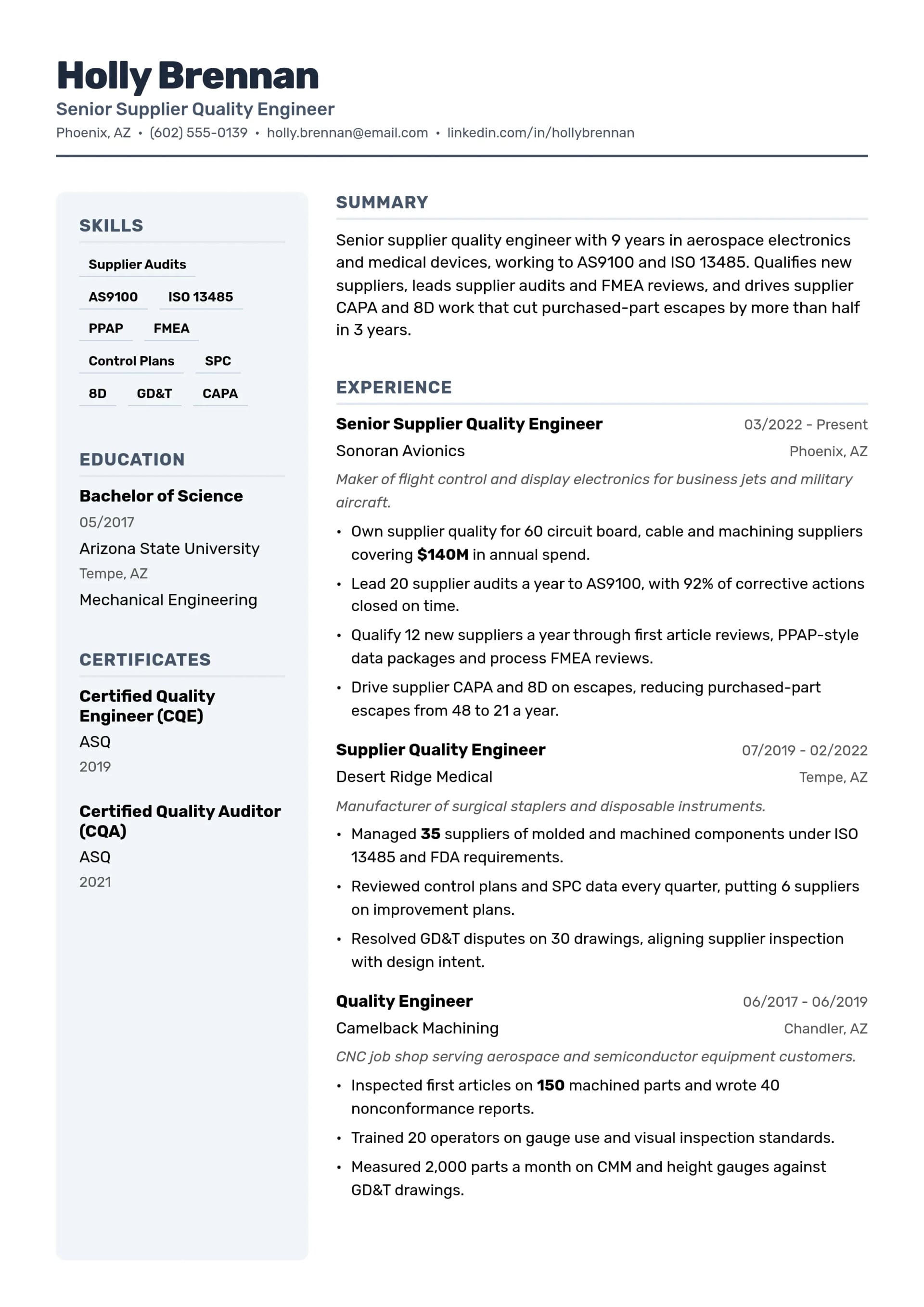 Senior Supplier Quality Engineer resume example