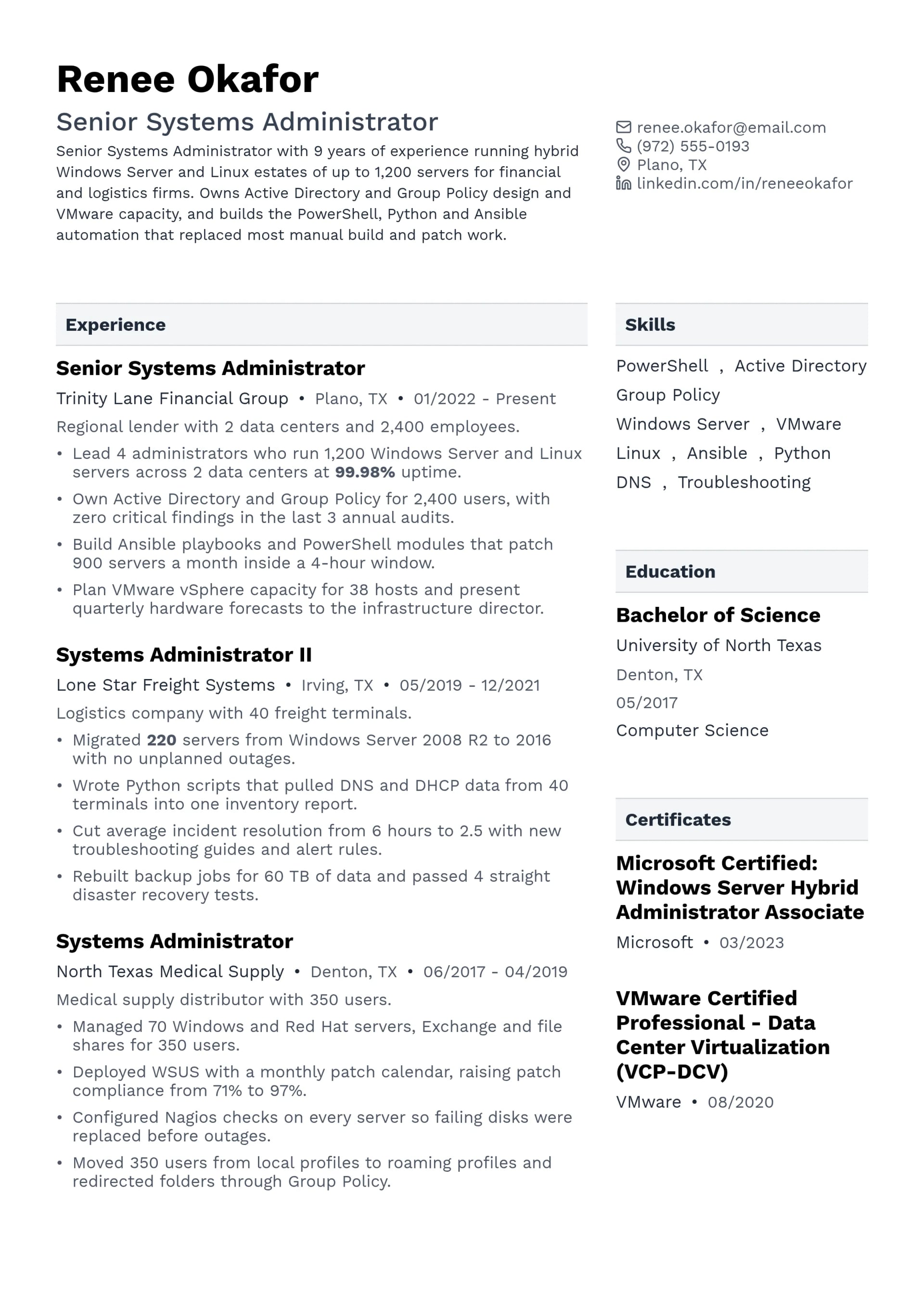 Senior Systems Administrator resume example