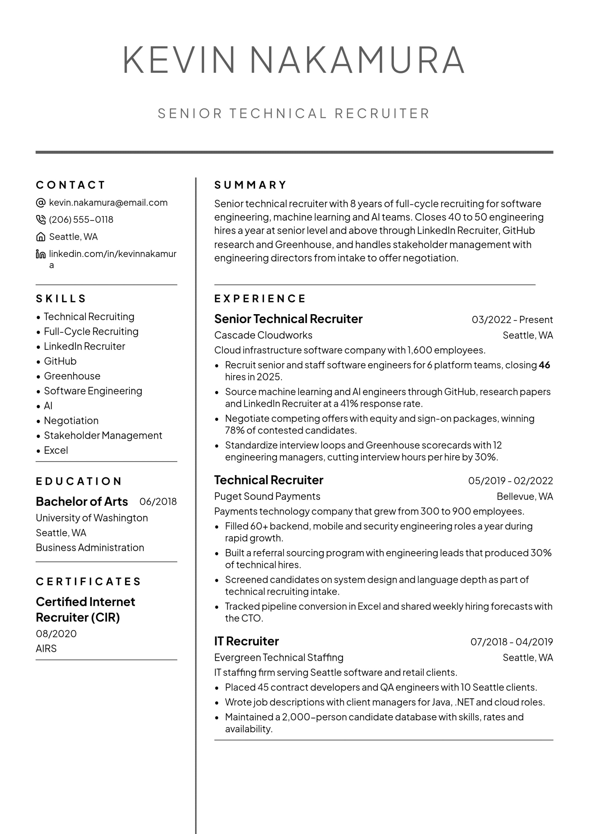 Senior Technical Recruiter resume example