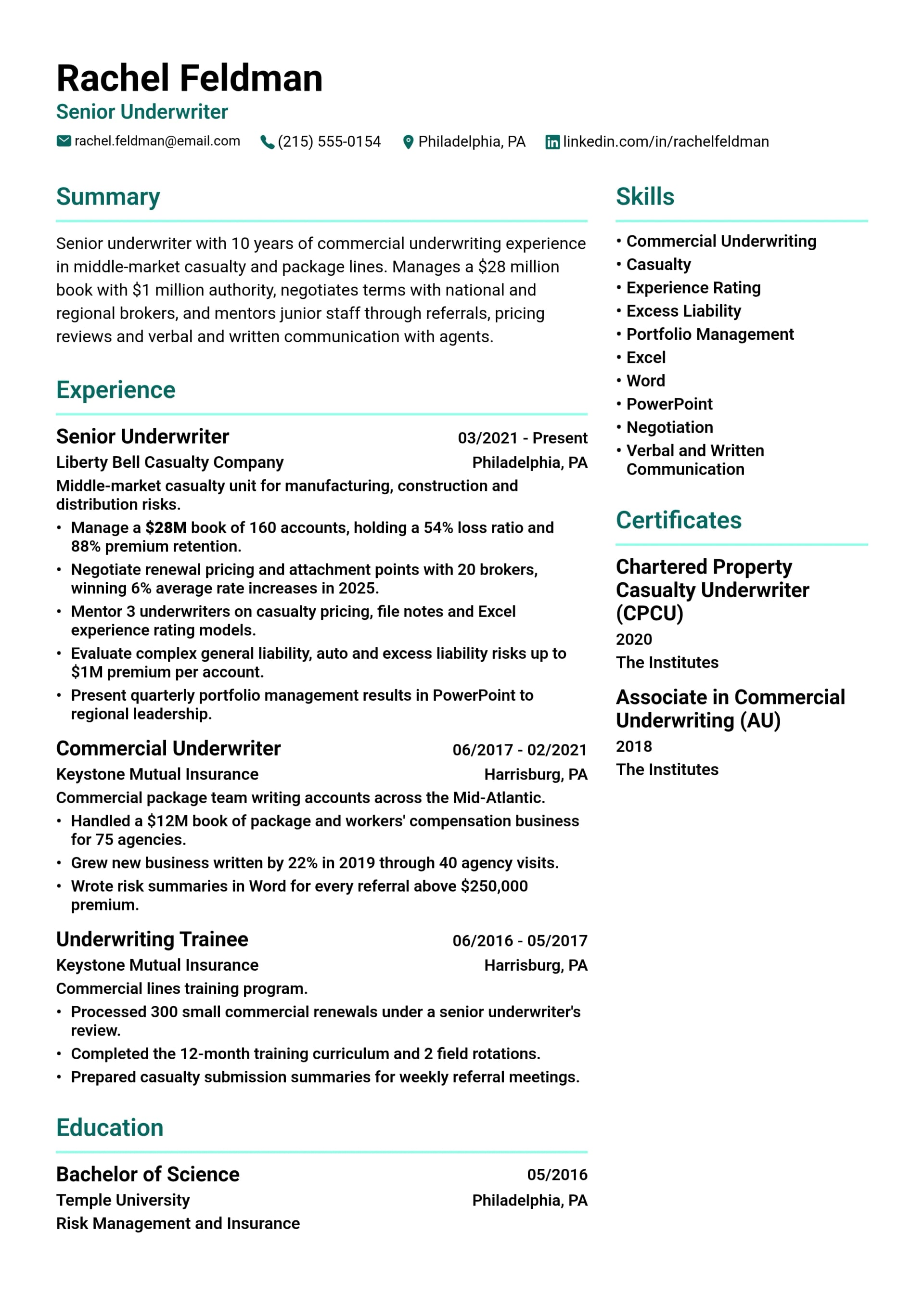 Senior Underwriter resume example