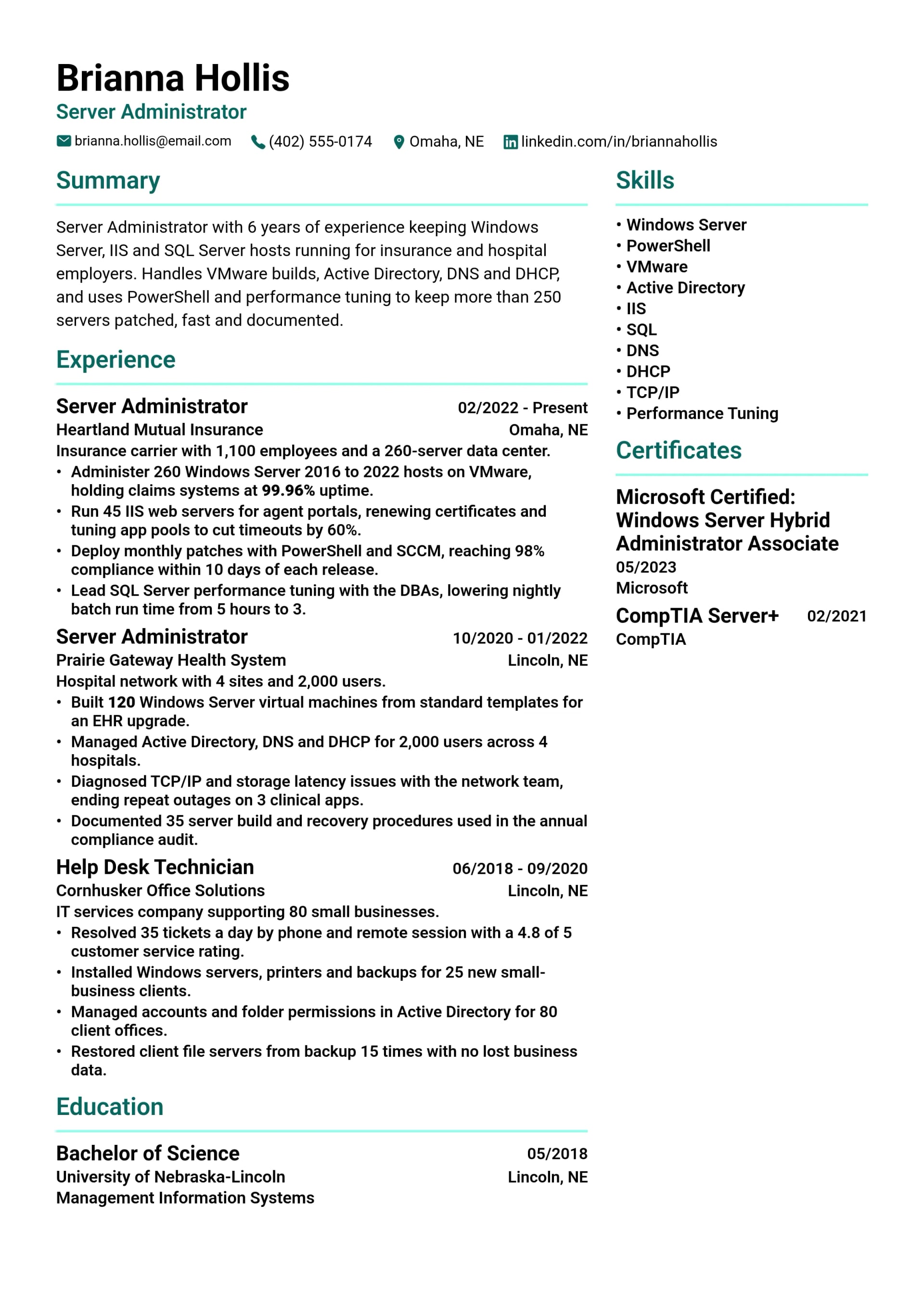 Server Administrator resume example
