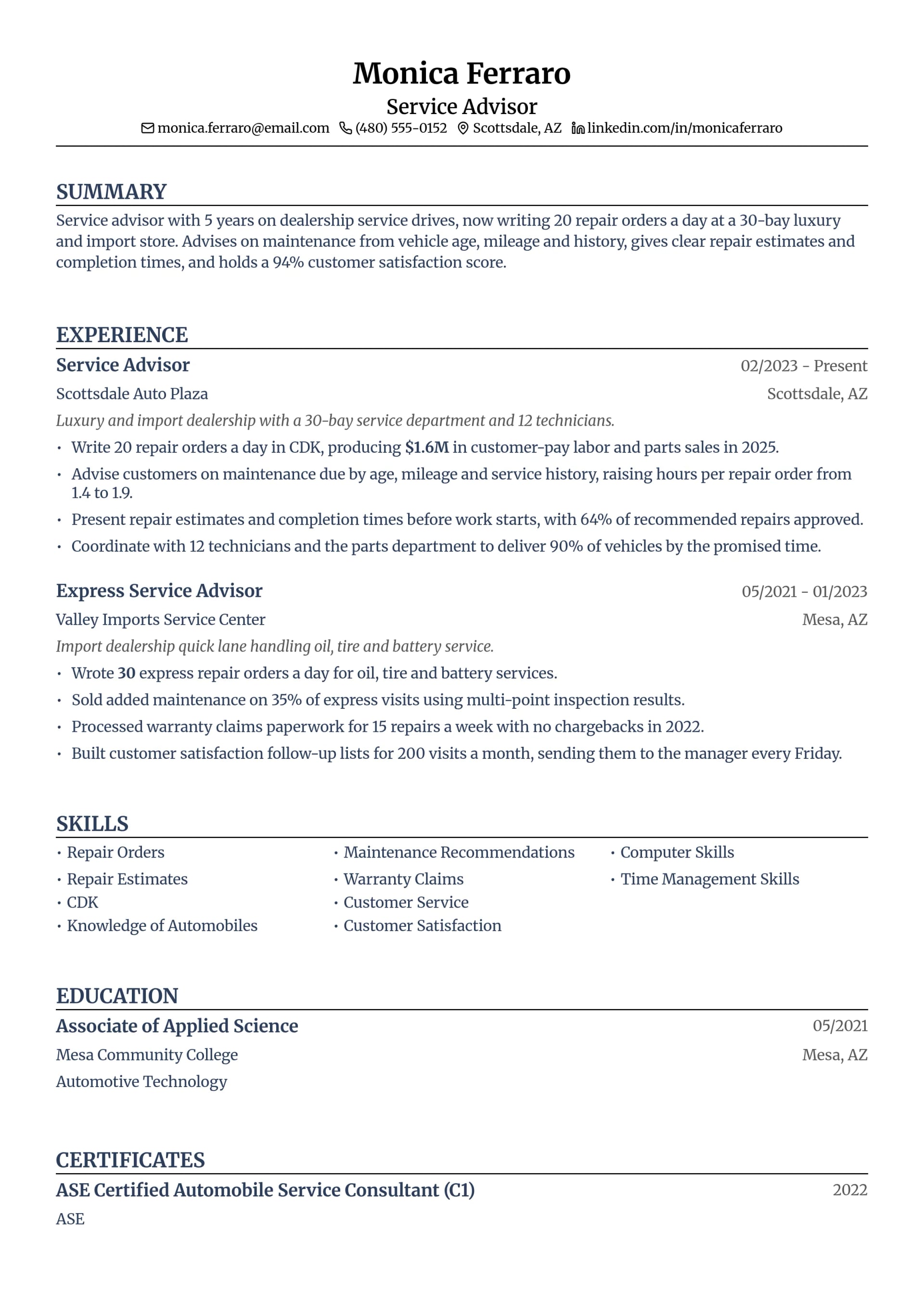 Service Advisor resume example