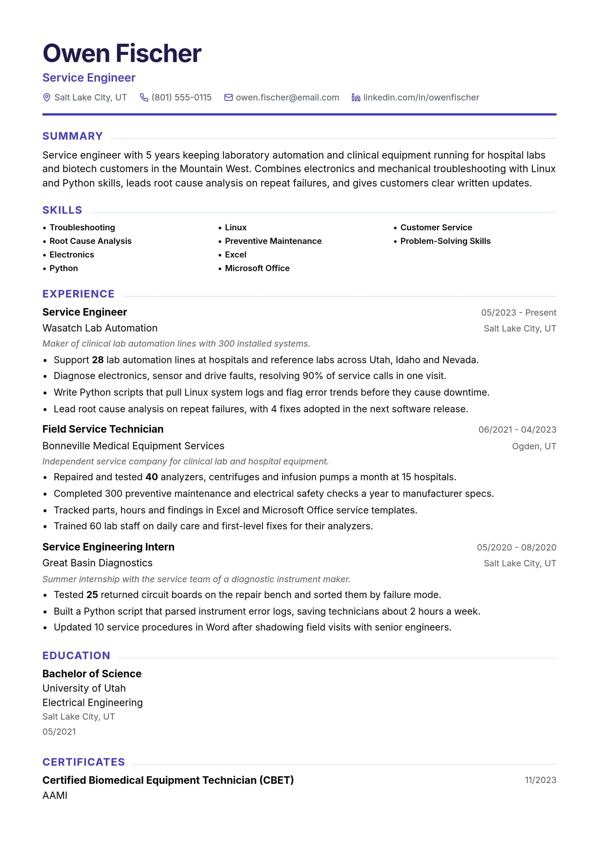Service Engineer resume example