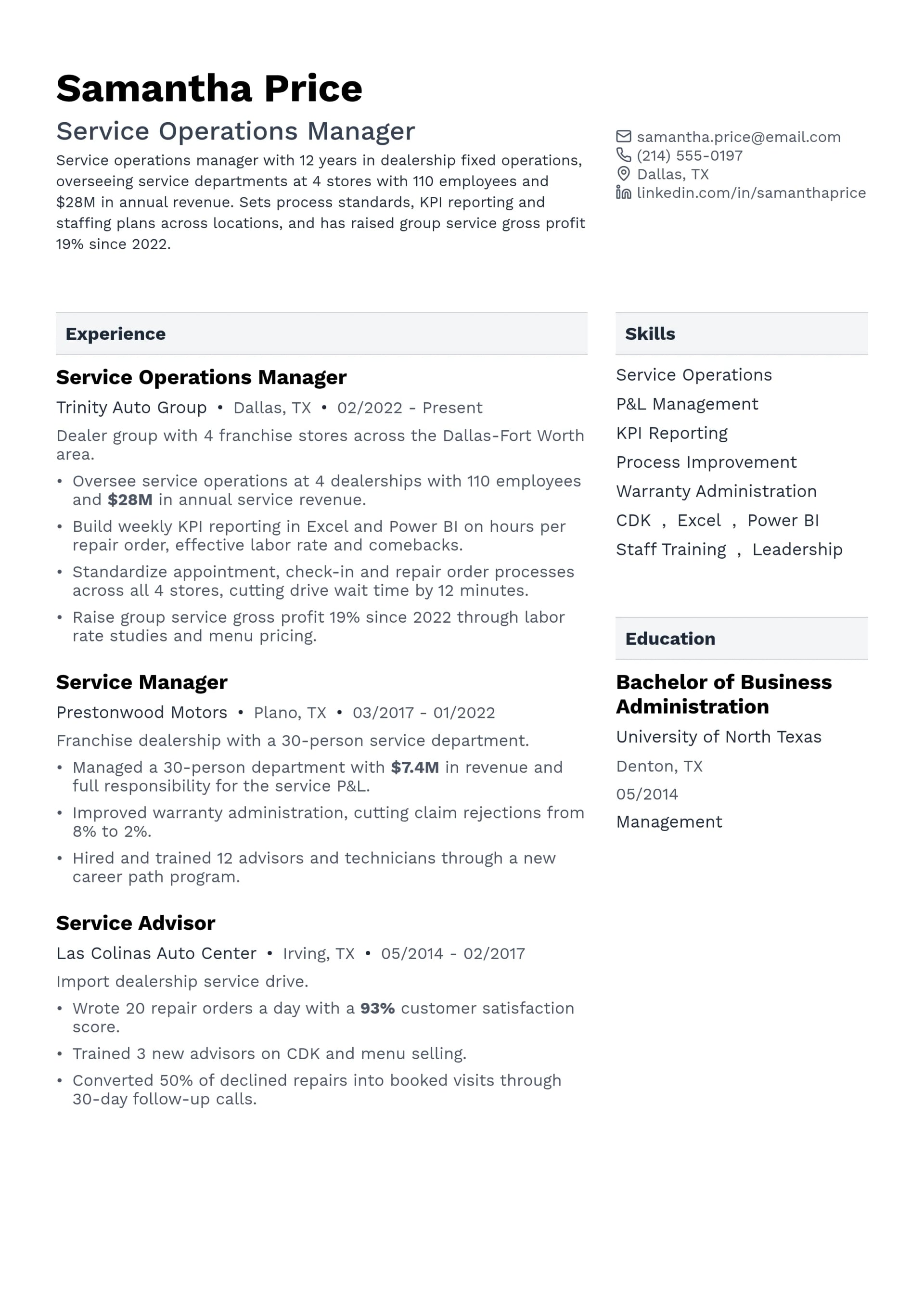 Service Operations Manager resume example