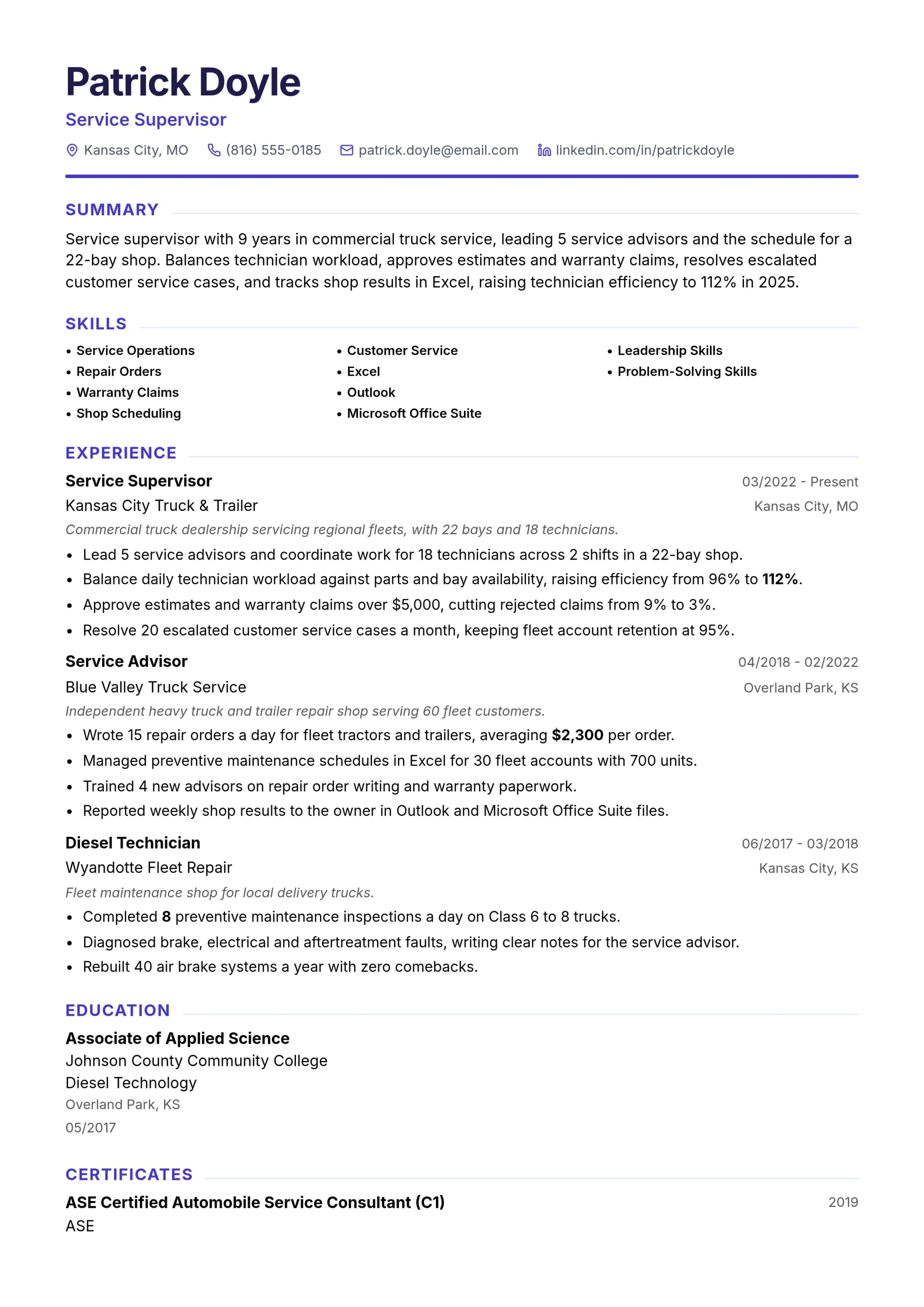 Service Supervisor resume example