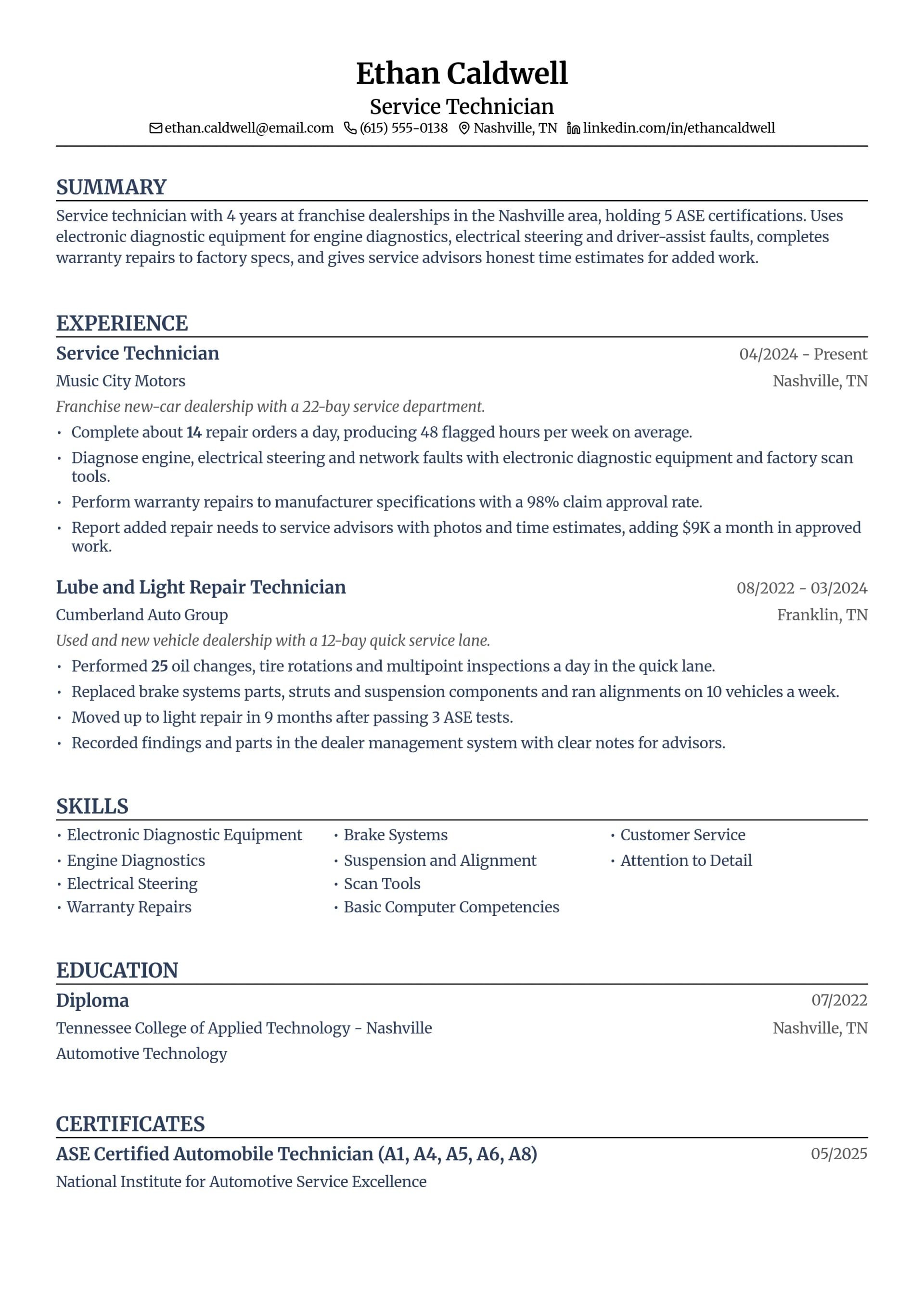 Service Technician resume example