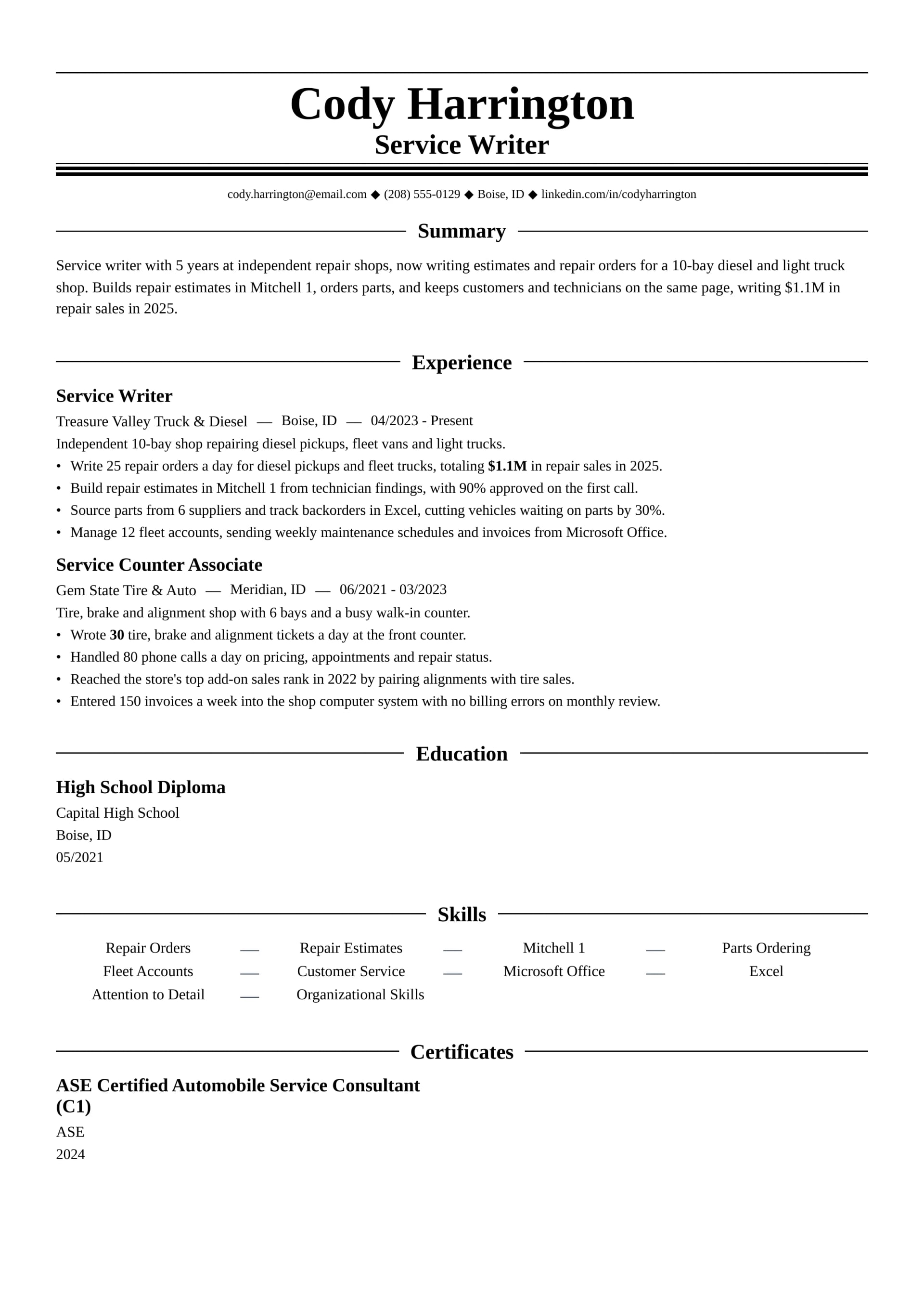 Service Writer resume example