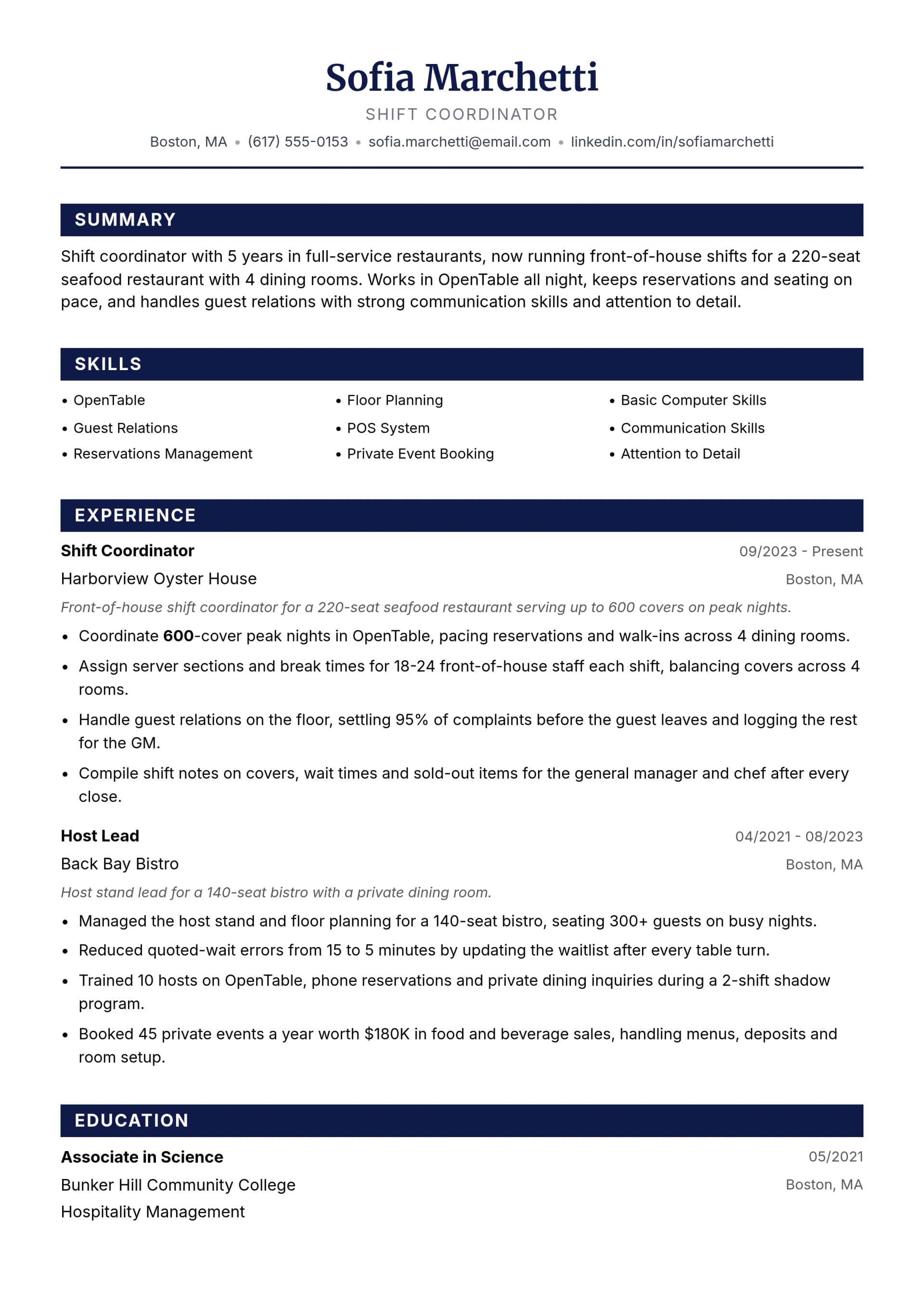 Shift Coordinator resume example