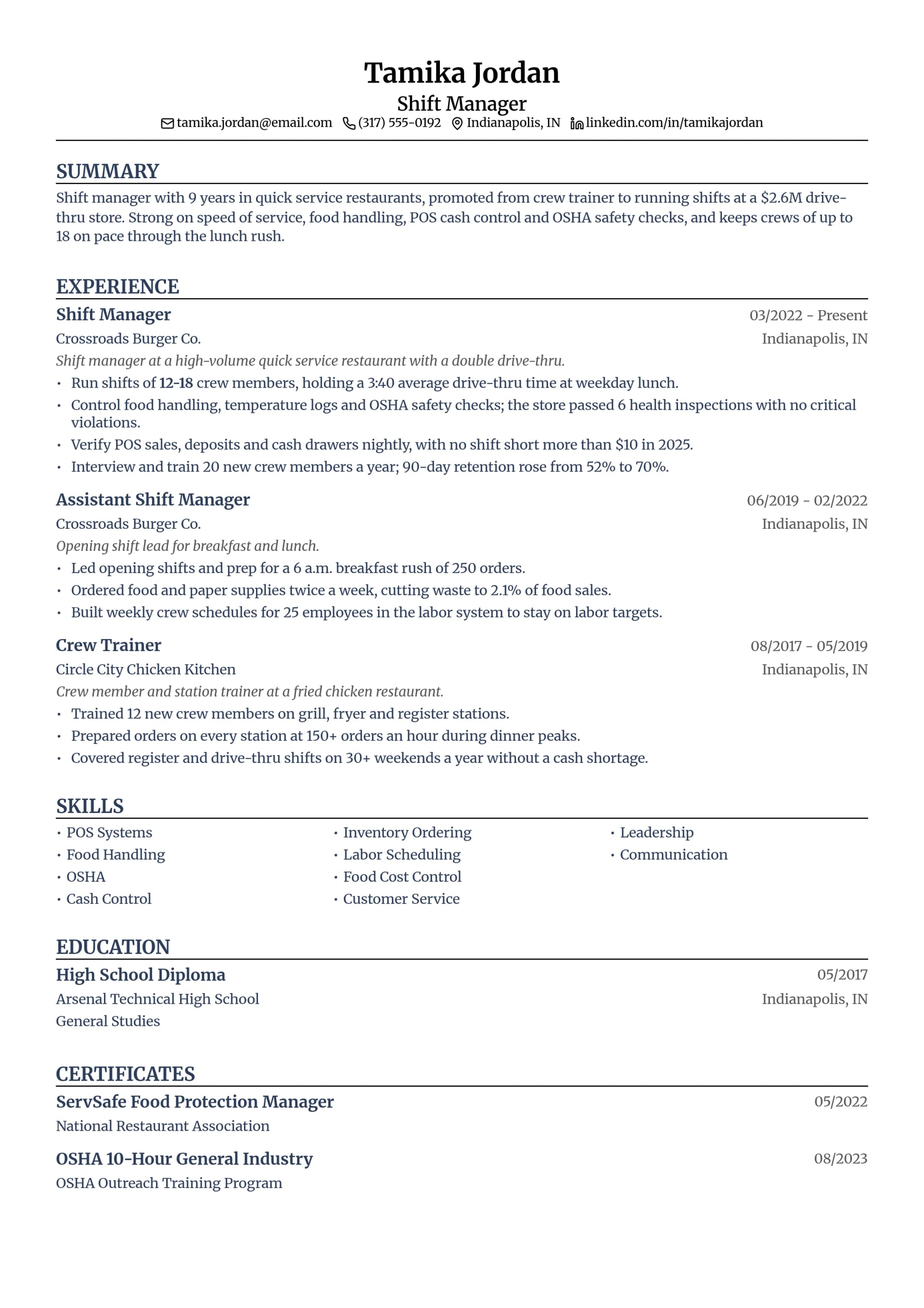 Shift Manager resume example
