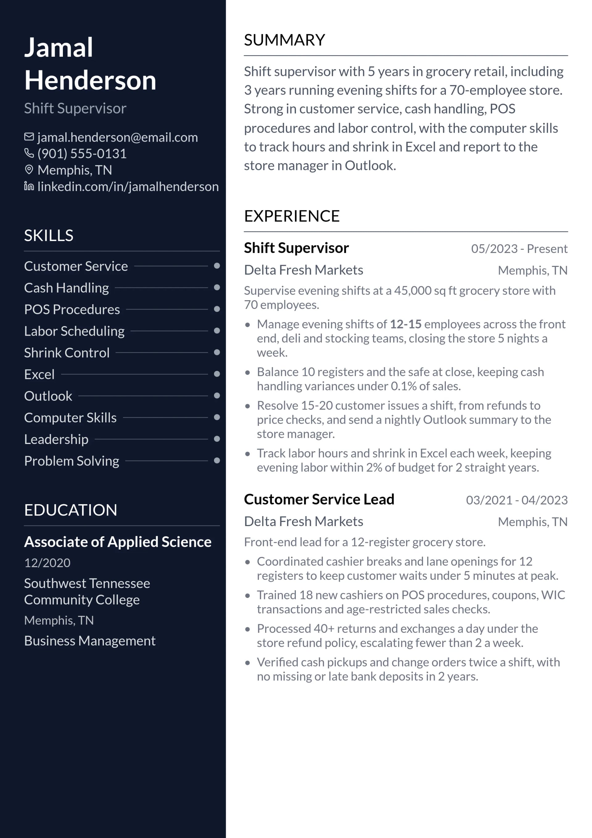 Shift Supervisor resume example