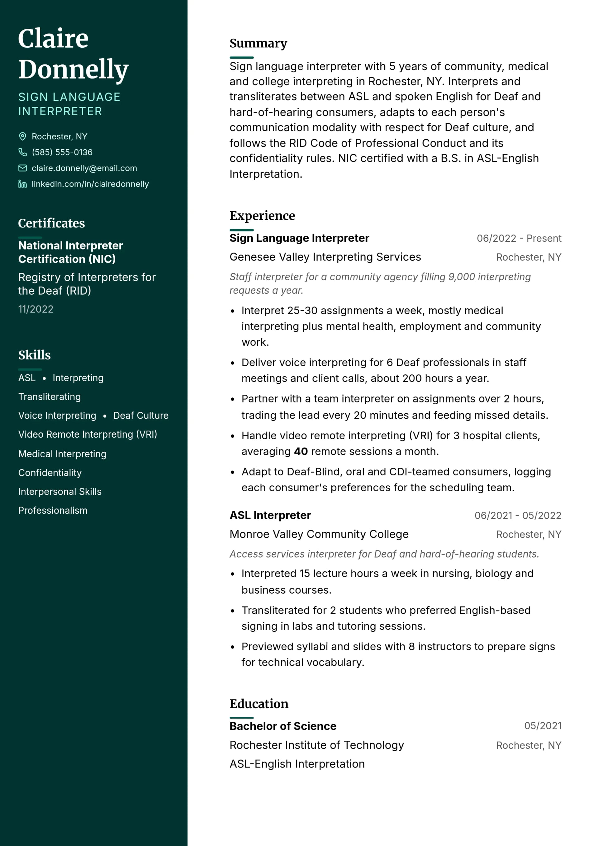 Sign Language Interpreter resume example