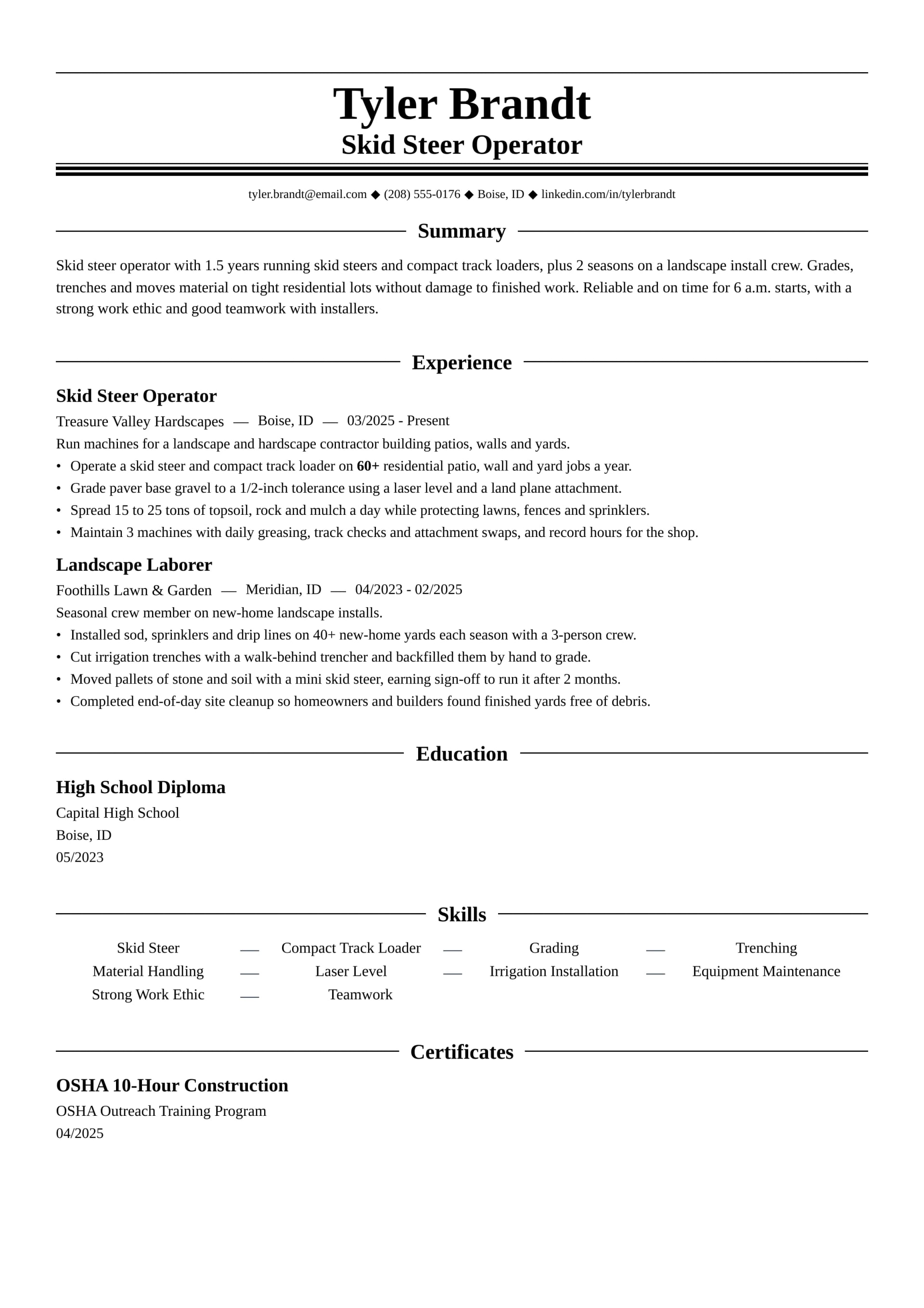 Skid Steer Operator resume example