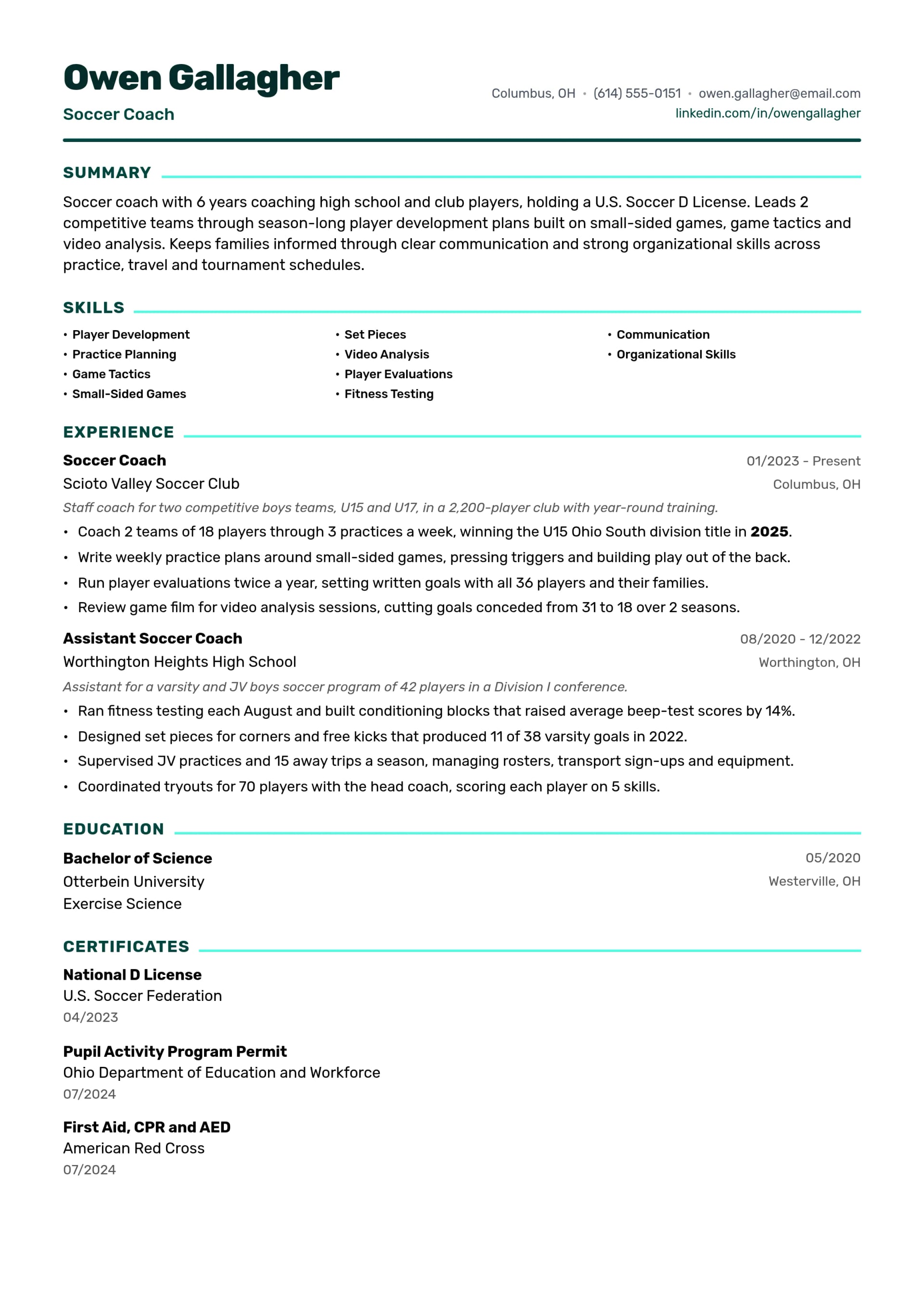 Soccer Coach resume example