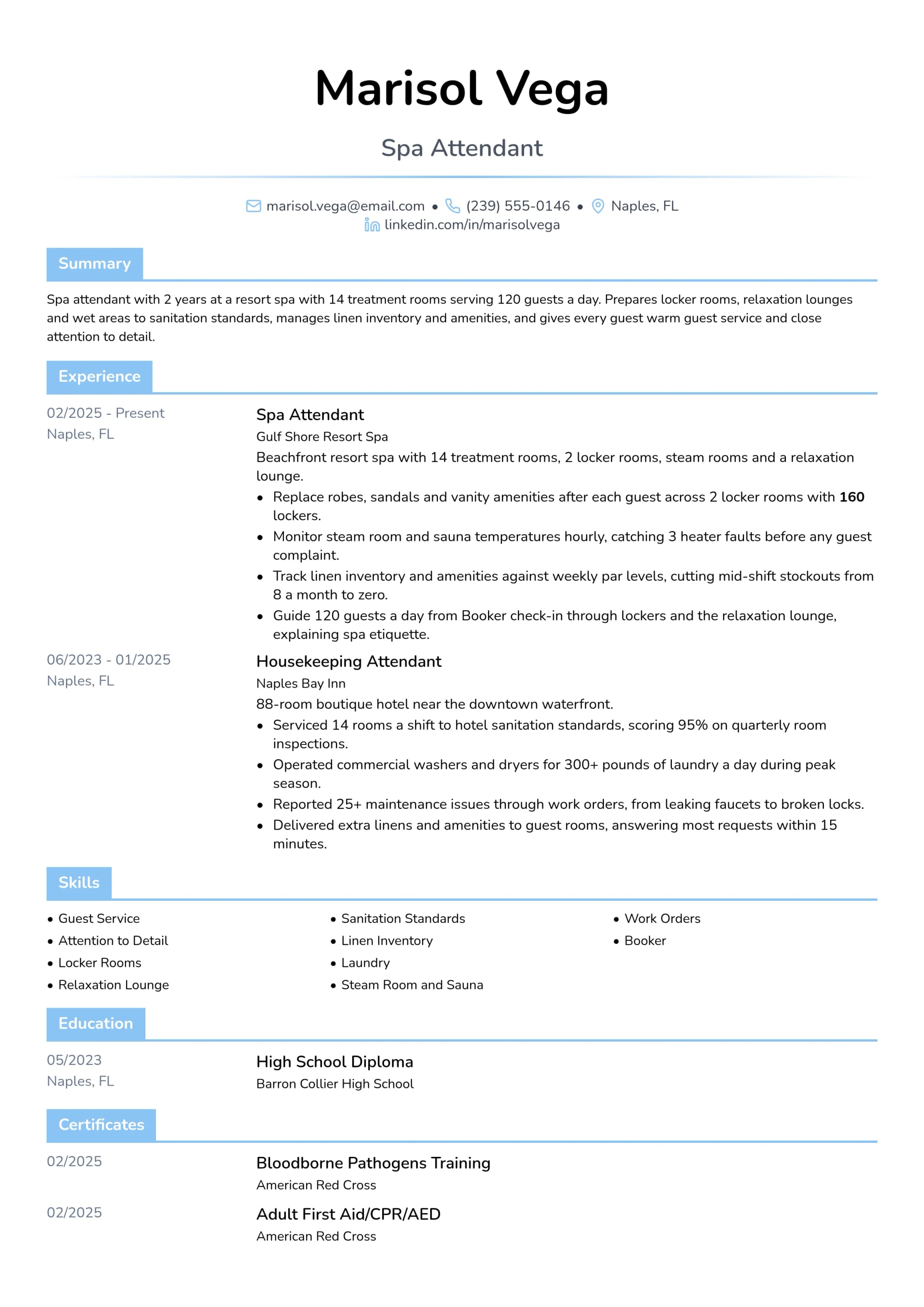 Spa Attendant resume example